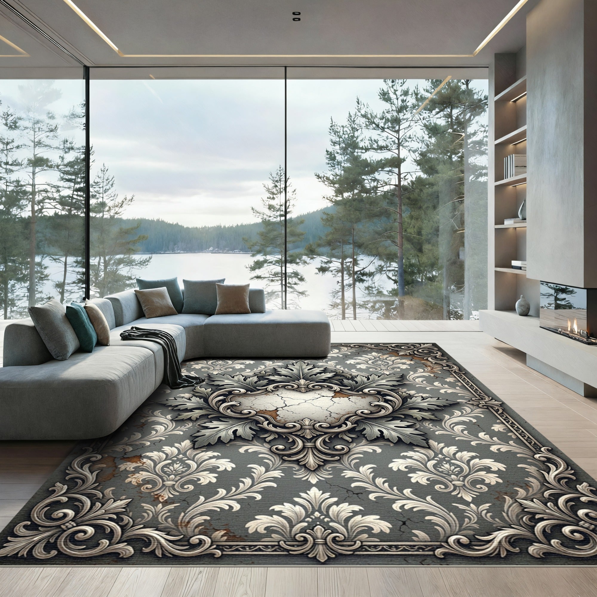Ornate Weathered Gray Damask Scroll Rug