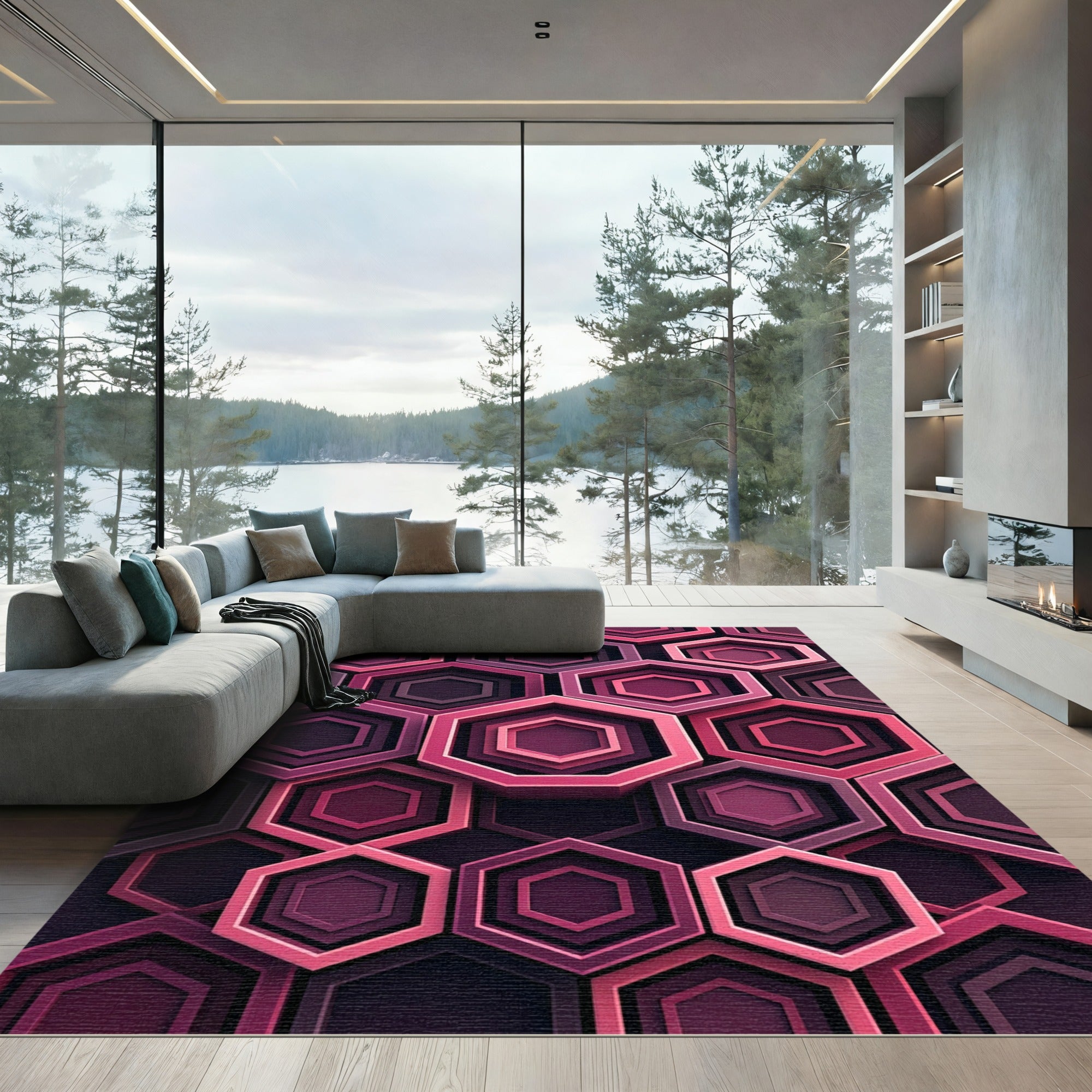 Sophisticated Magenta Geometric Hexagon Layered Rug