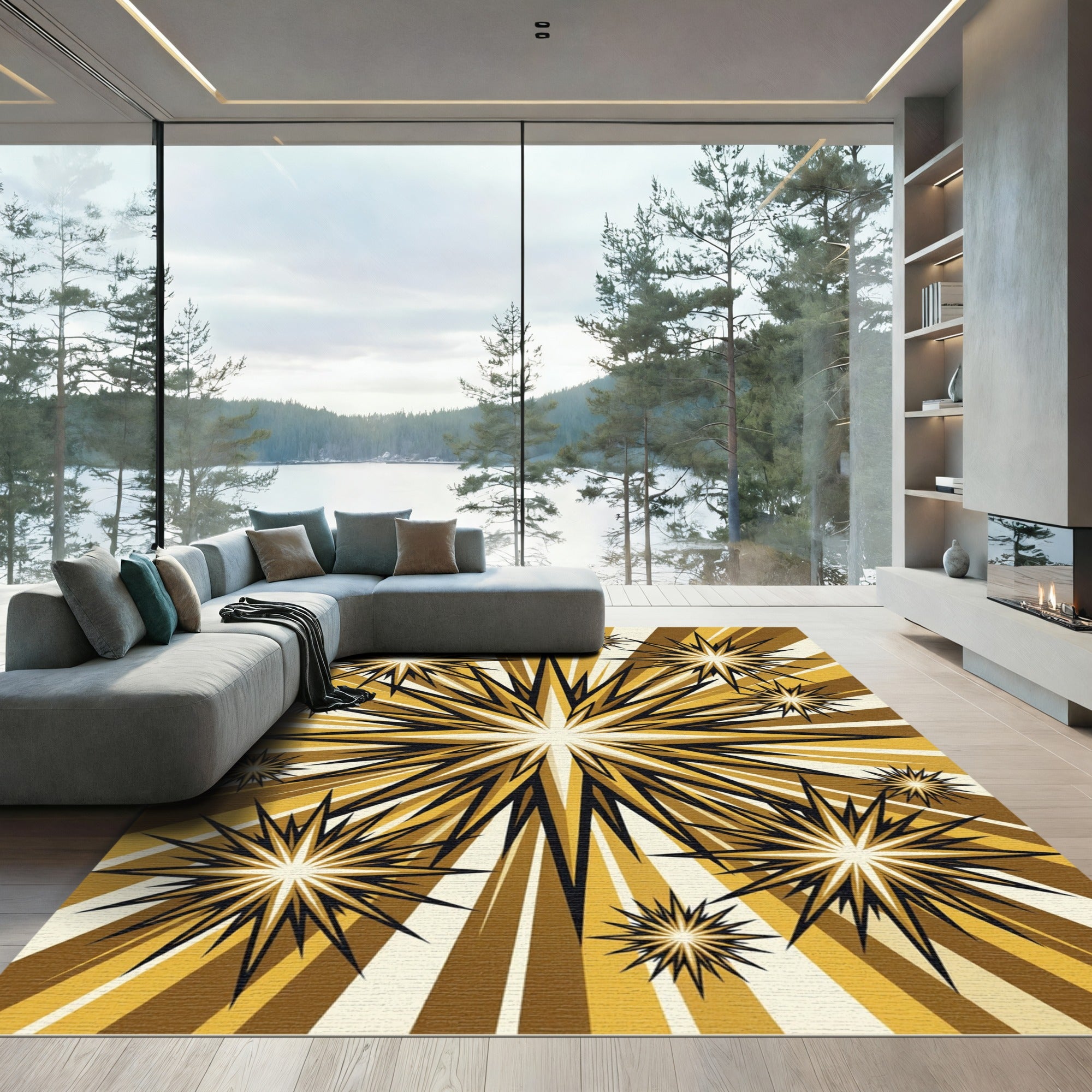 Radiant Golden Sunburst Geometric Art Rug