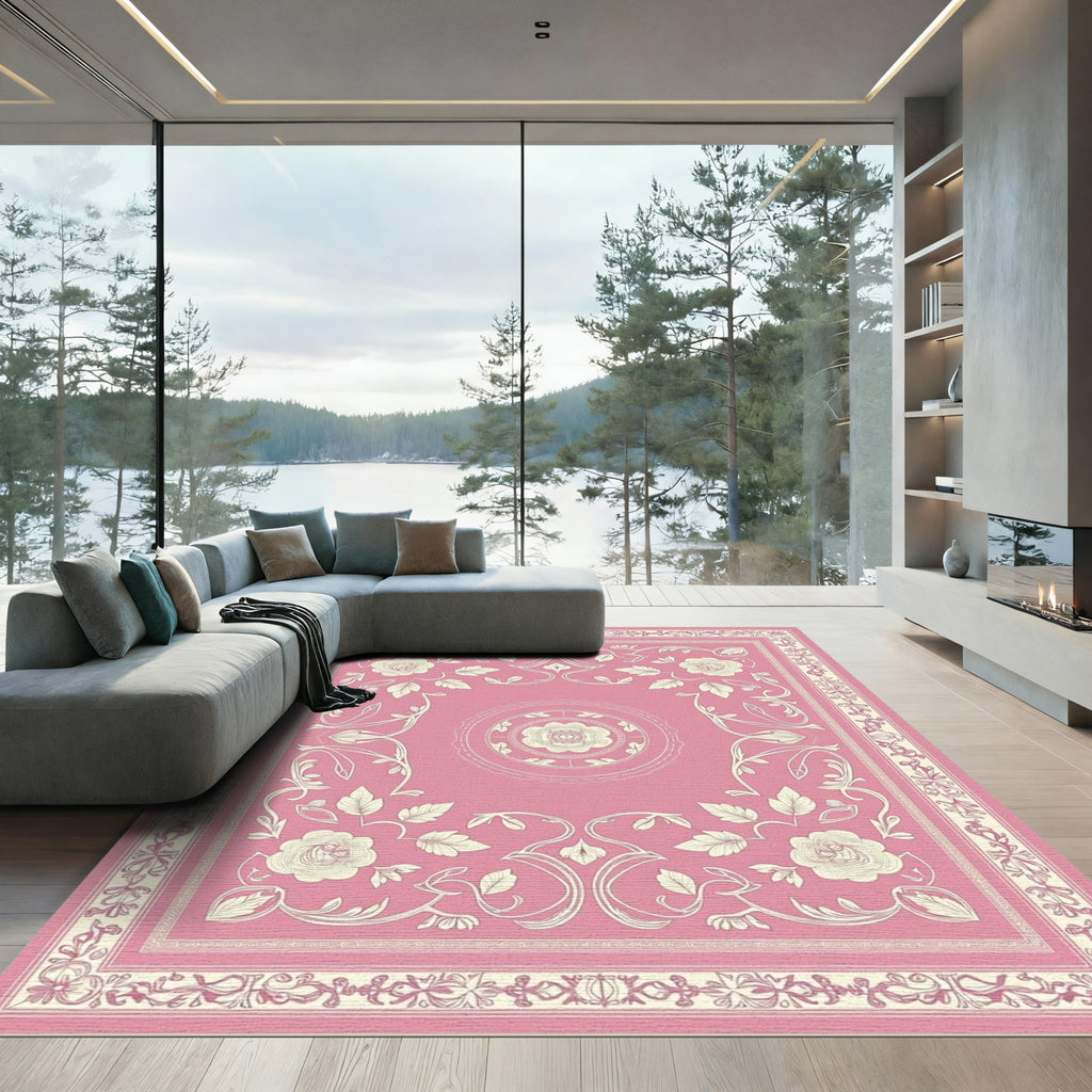 Pink Floral Arabesque Border Rug