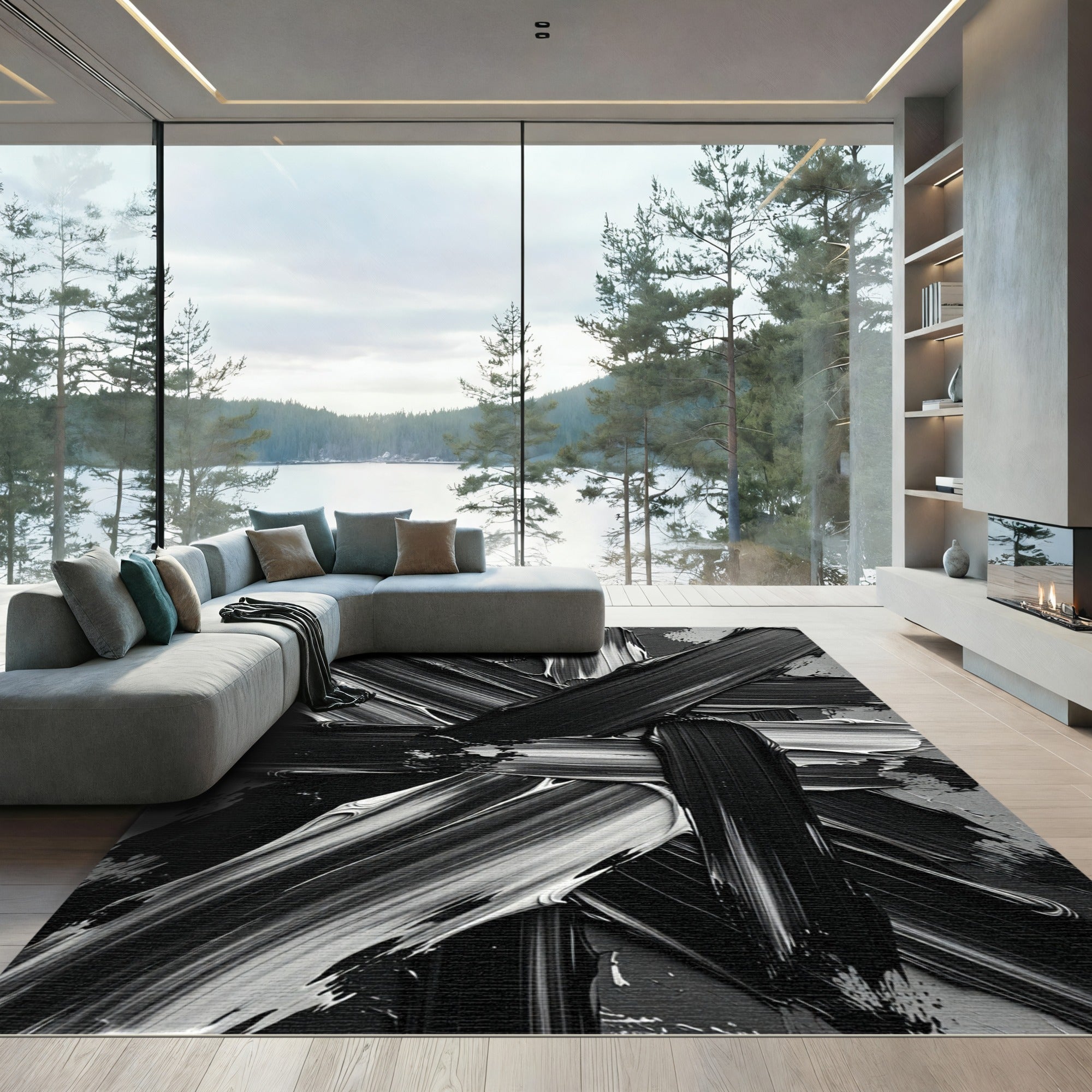 Bold Black White Abstract Brushstroke Rug