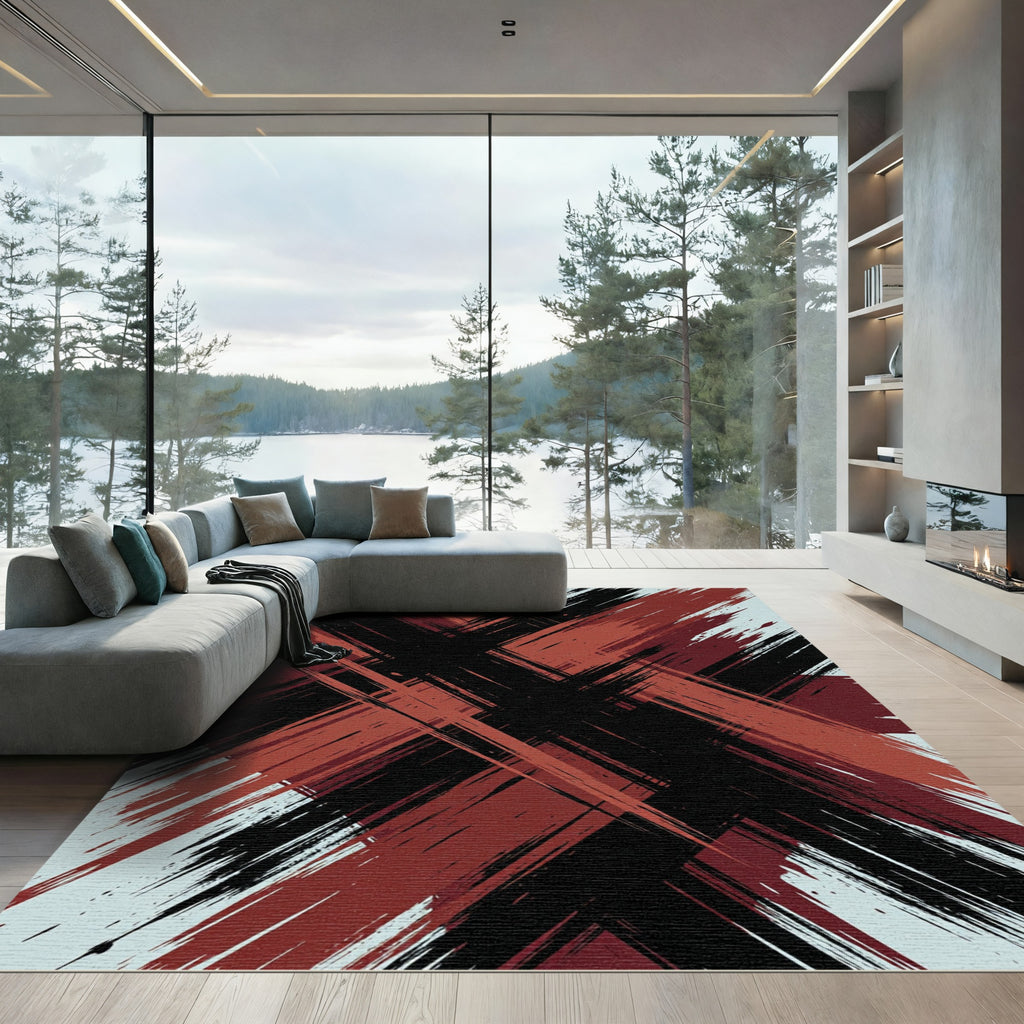 Crimson Burgundy Black Brushstroke Cross Rug