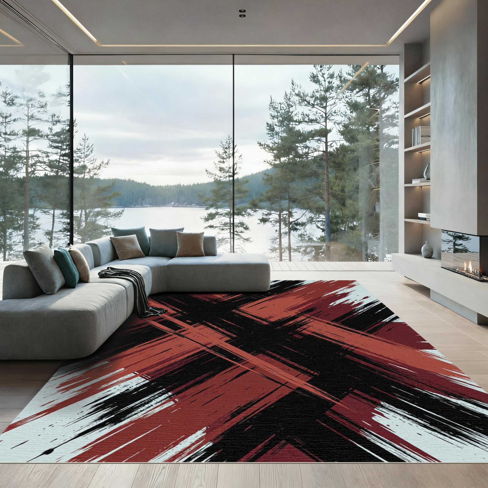 Crimson Burgundy Black Brushstroke Cross Rug