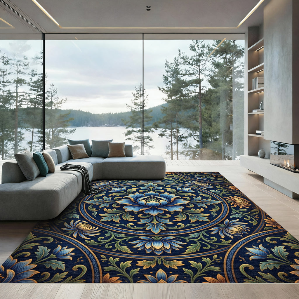 Intricate Blue Floral Medallion Tile Rug