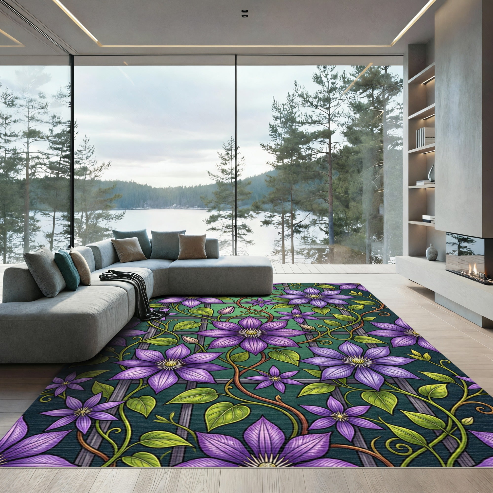 Lush Purple Clematis Botanical Trellis Rug