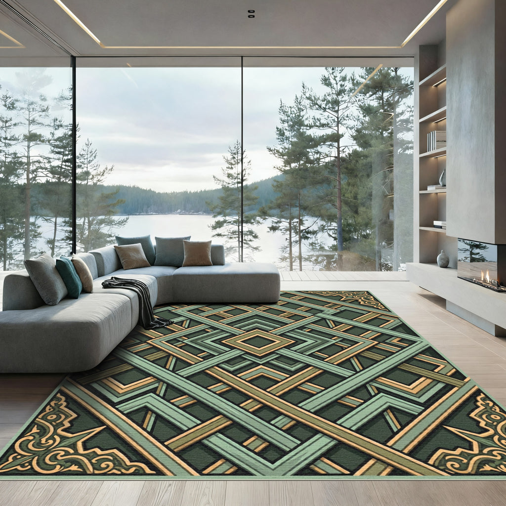 Ornate Sage Green Geometric Lattice Rug