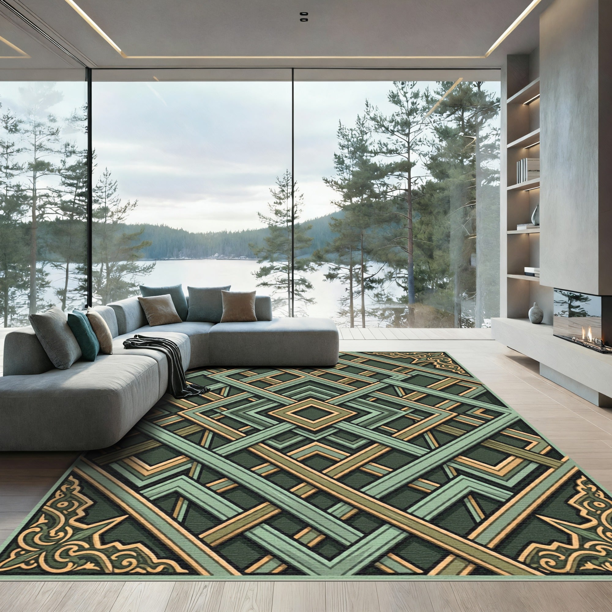 Ornate Sage Green Geometric Lattice Rug