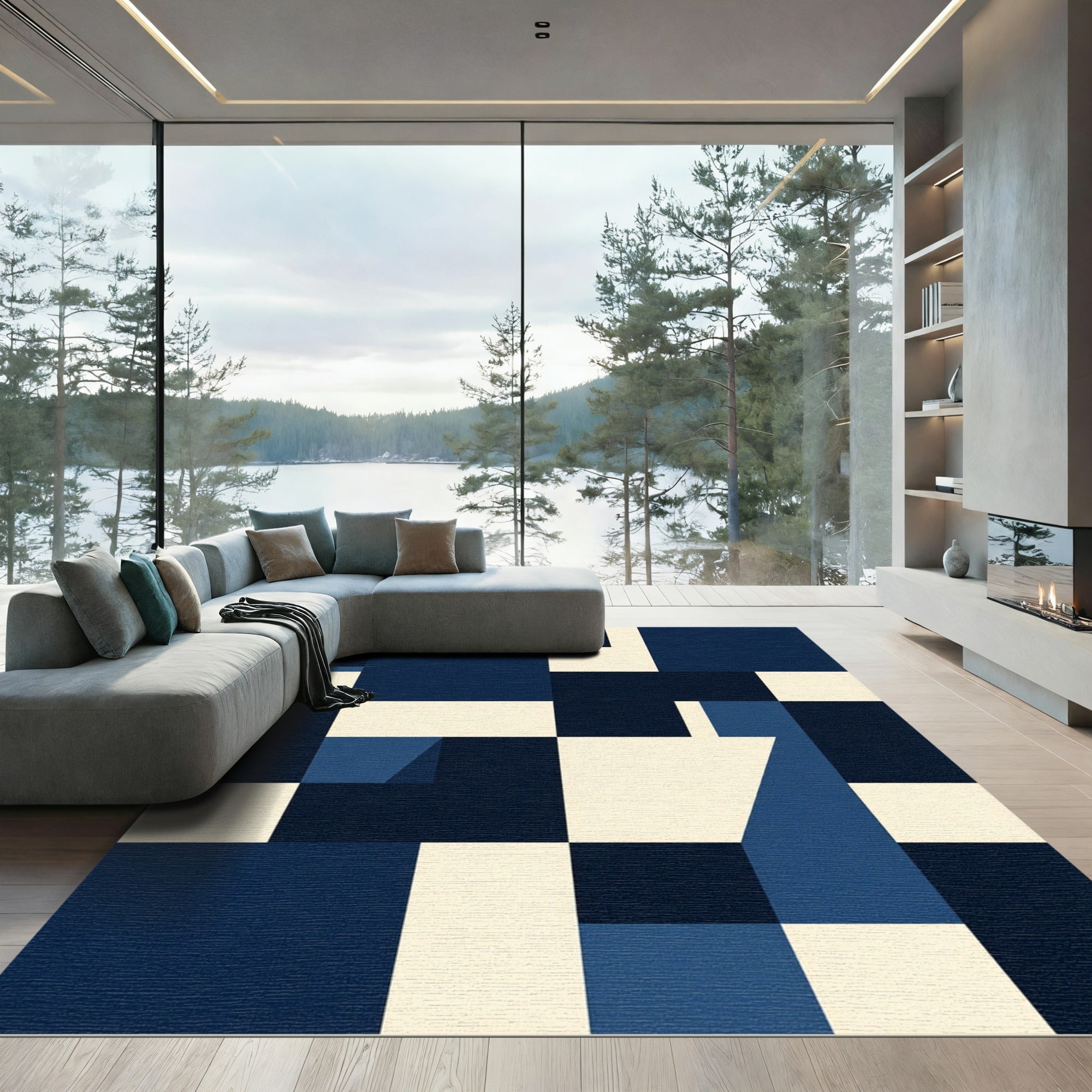 Deep Blue Geometric Block Composition Rug