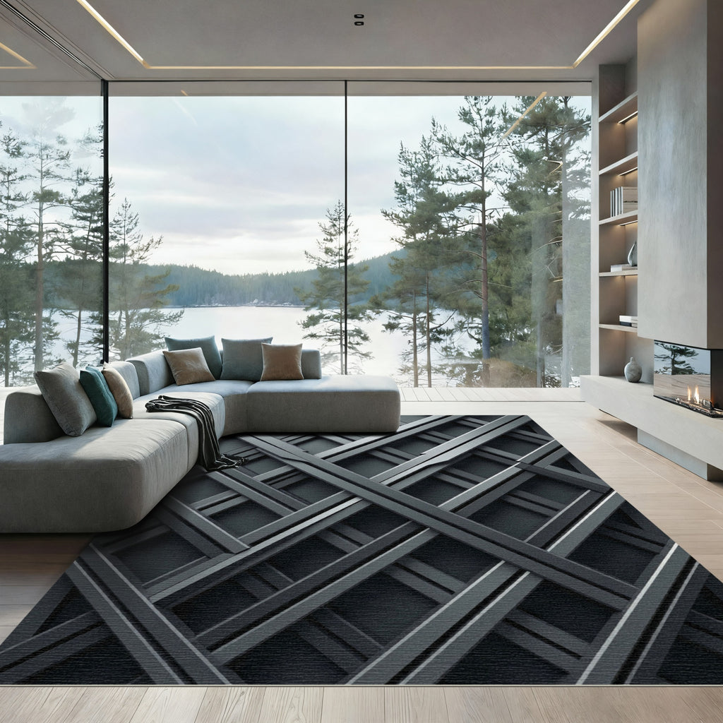 Geometric Charcoal Industrial Crosshatch Grid Rug