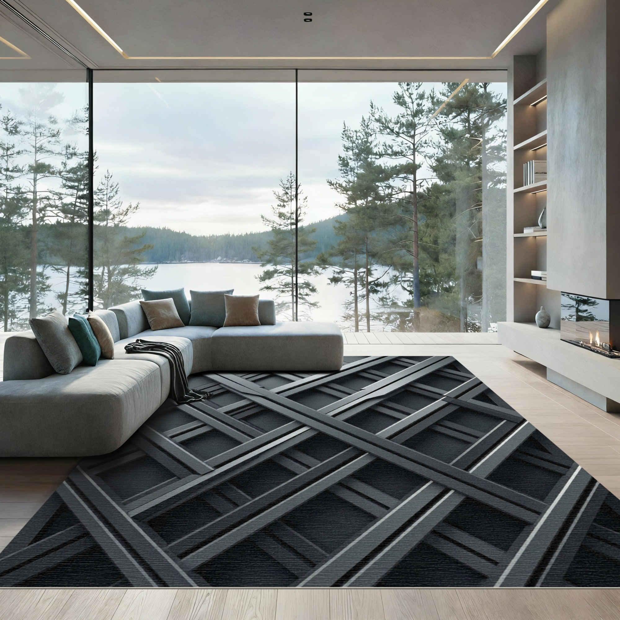 Geometric Charcoal Industrial Crosshatch Grid Rug
