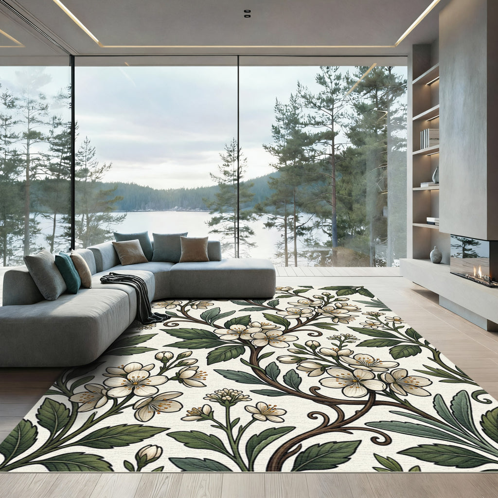 Elegant Cream White Botanical Cherry Blossom Rug