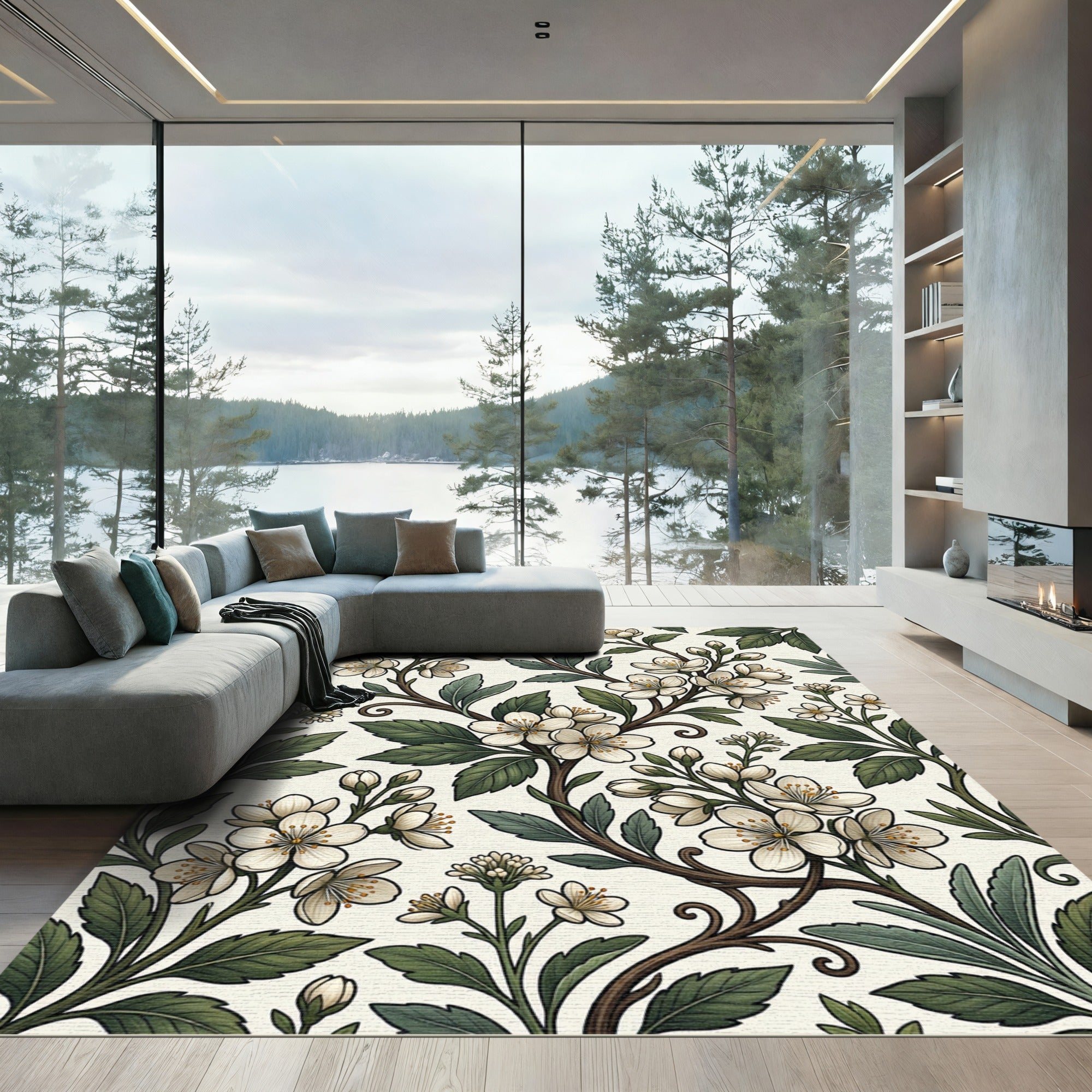 Elegant Cream White Botanical Cherry Blossom Rug