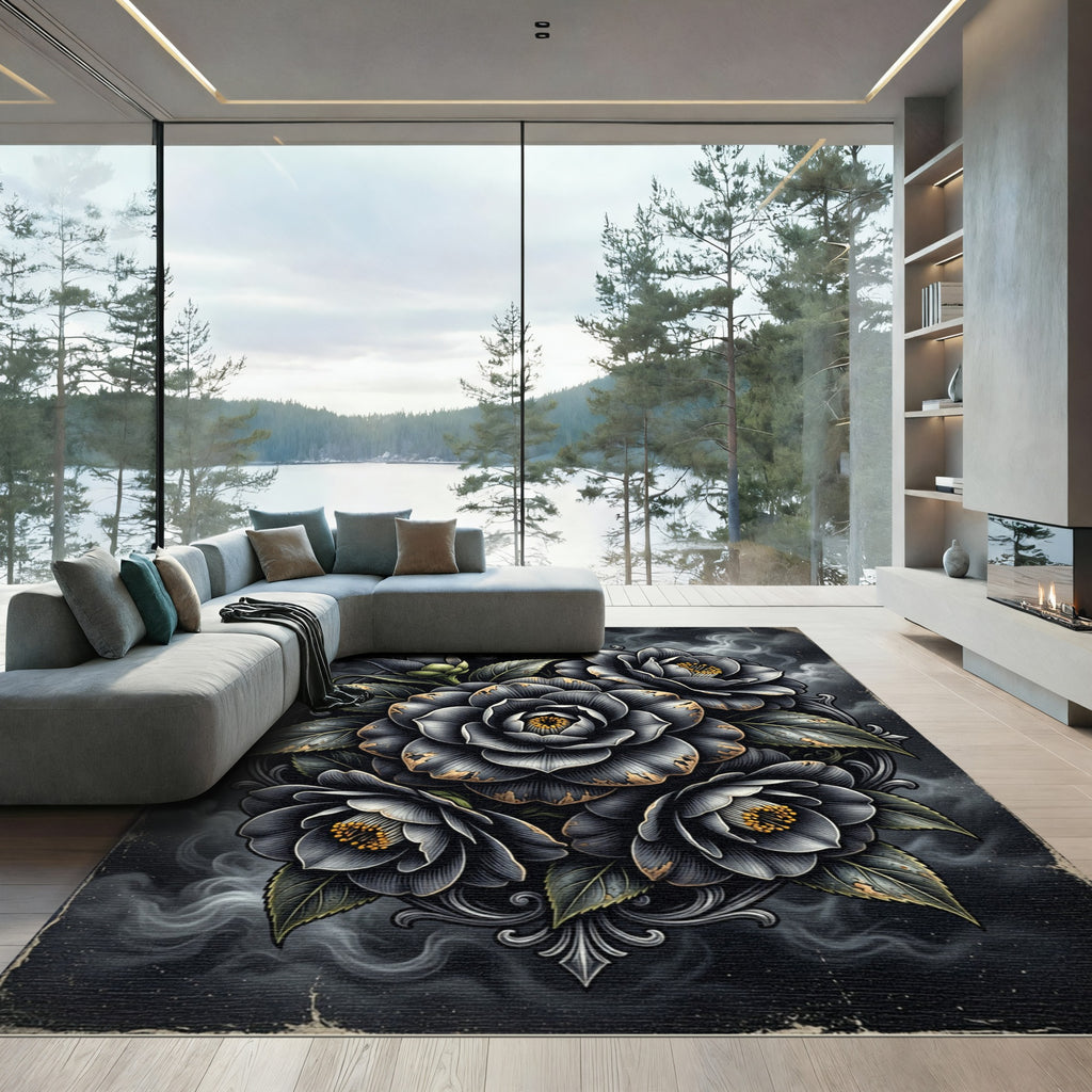 Gothic Monochrome Rose Floral Arrangement Rug