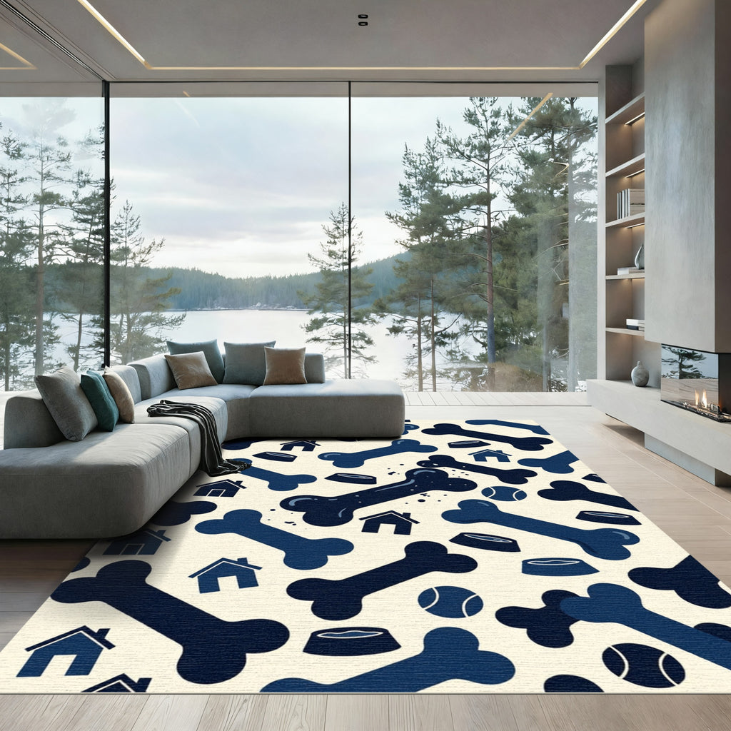 Playful Navy Bone and Dog House Rug