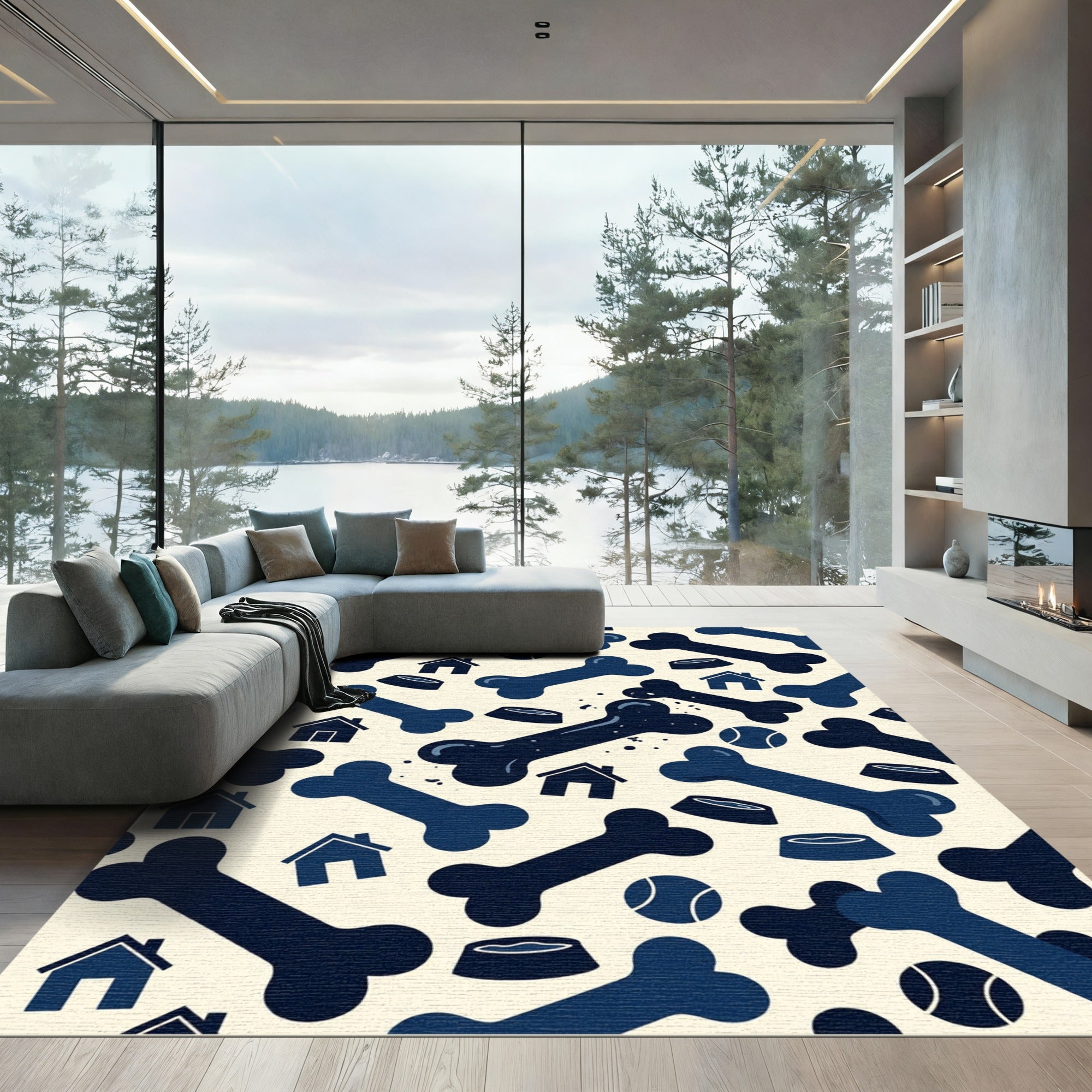 Playful Navy Bone and Dog House Rug