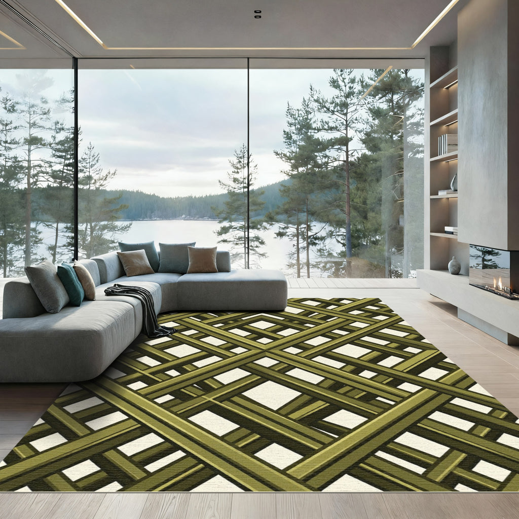 Olive Green Geometric Lattice Grid Rug