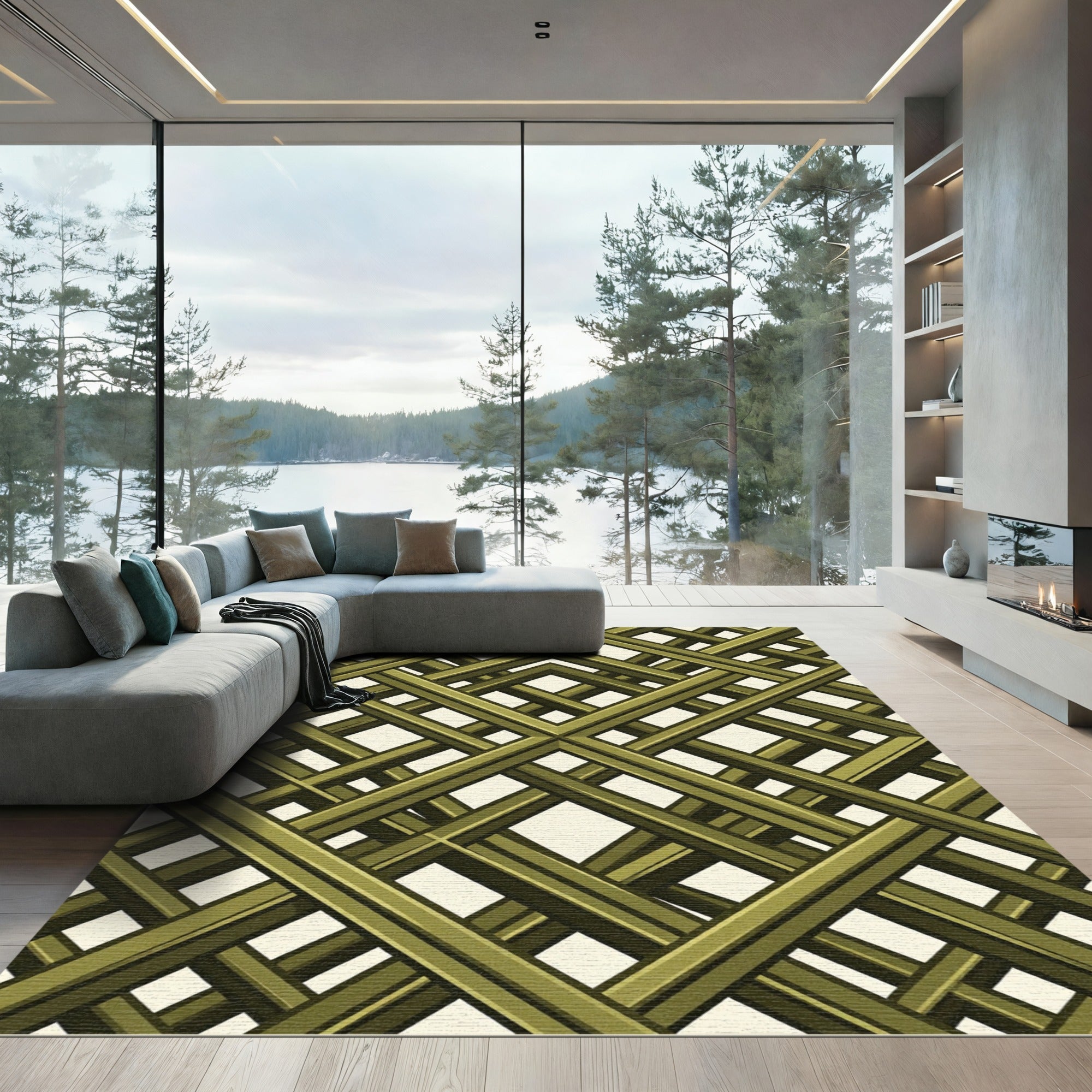 Olive Green Geometric Lattice Grid Rug