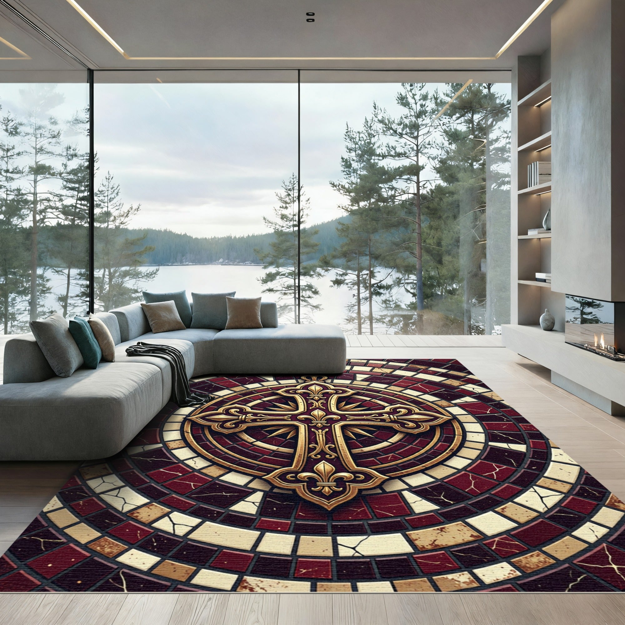Gilded Fleur de Lis Deep Crimson Medallion Rug