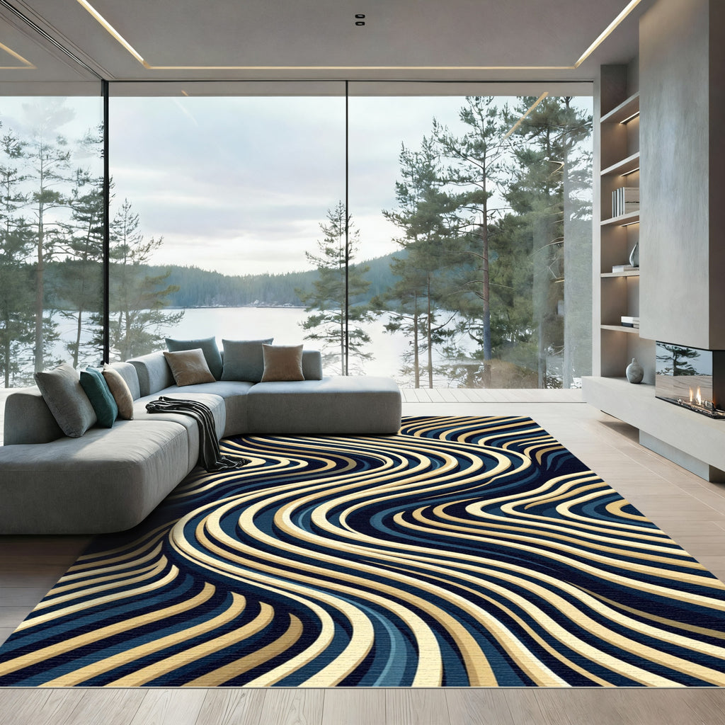 Modern Navy and Gold Flowing Wave Rug
