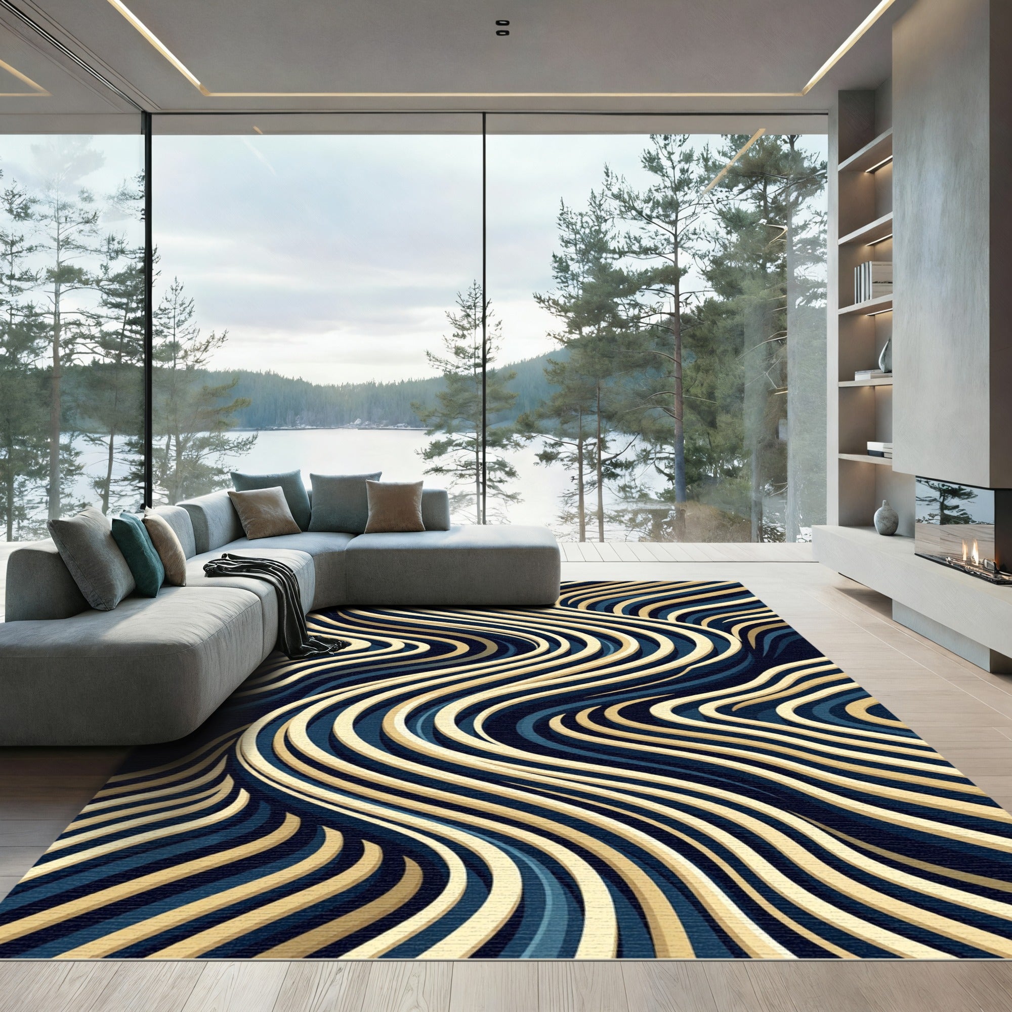 Modern Navy and Gold Flowing Wave Rug