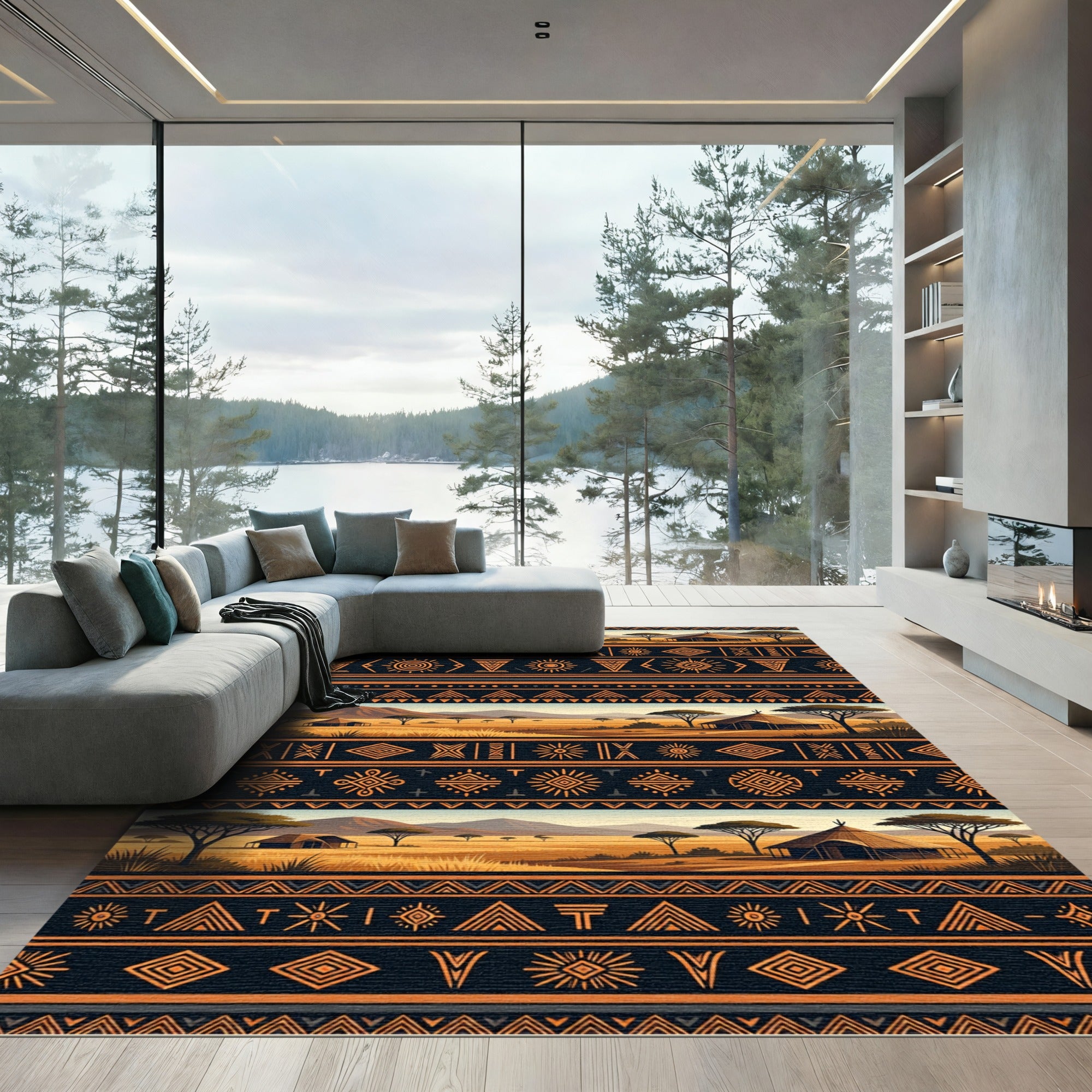 Earthy Orange African Landscape Geometric Tribal Rug
