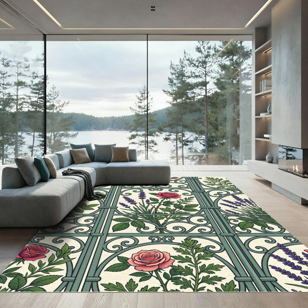 Green Iron Lattice Rose Lavender Trellis Rug