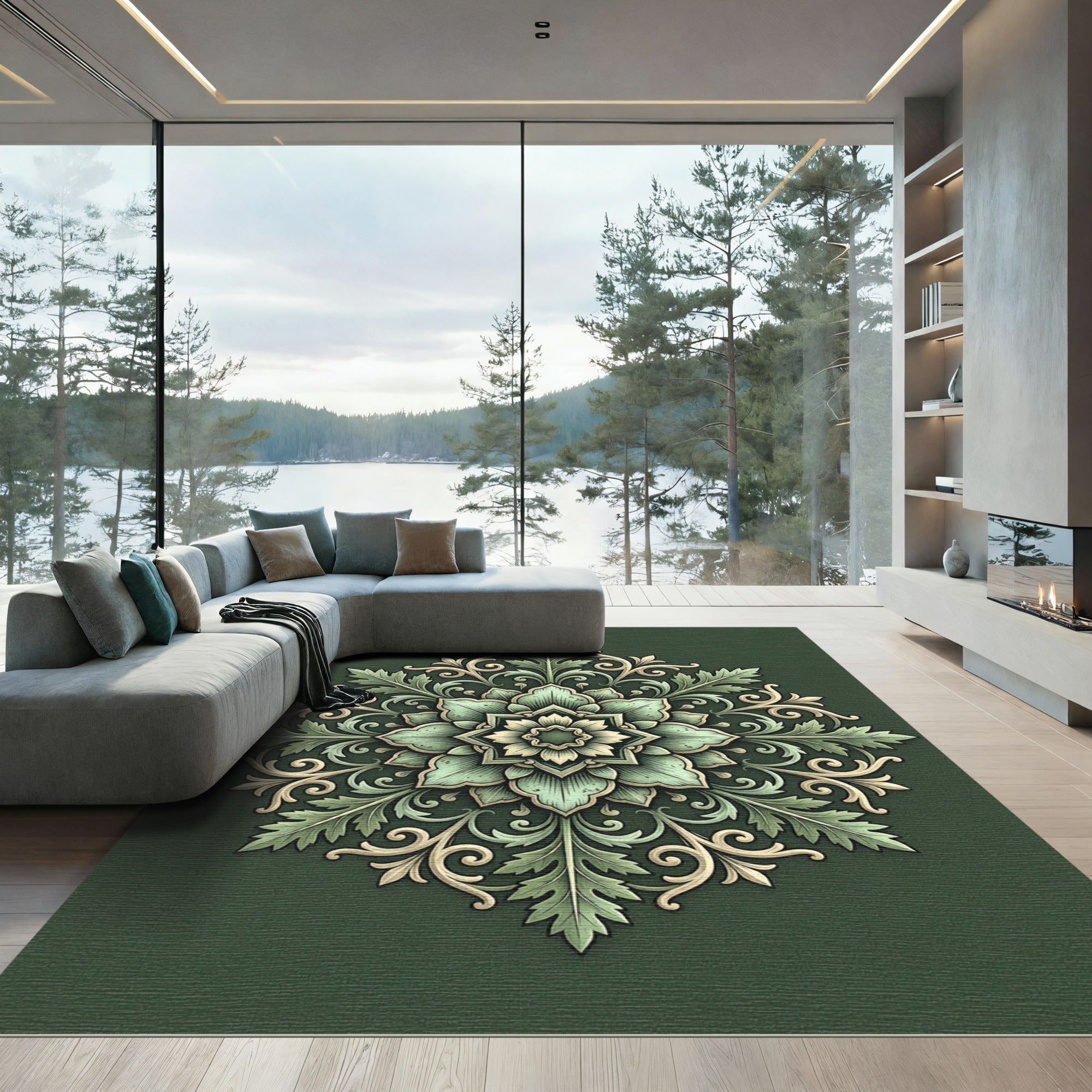 Sage Leaf Scrollwork Floral Medallion Rug