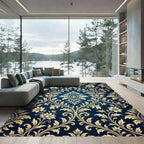 Royal Blue Gold Damask Ornate Scroll Rug