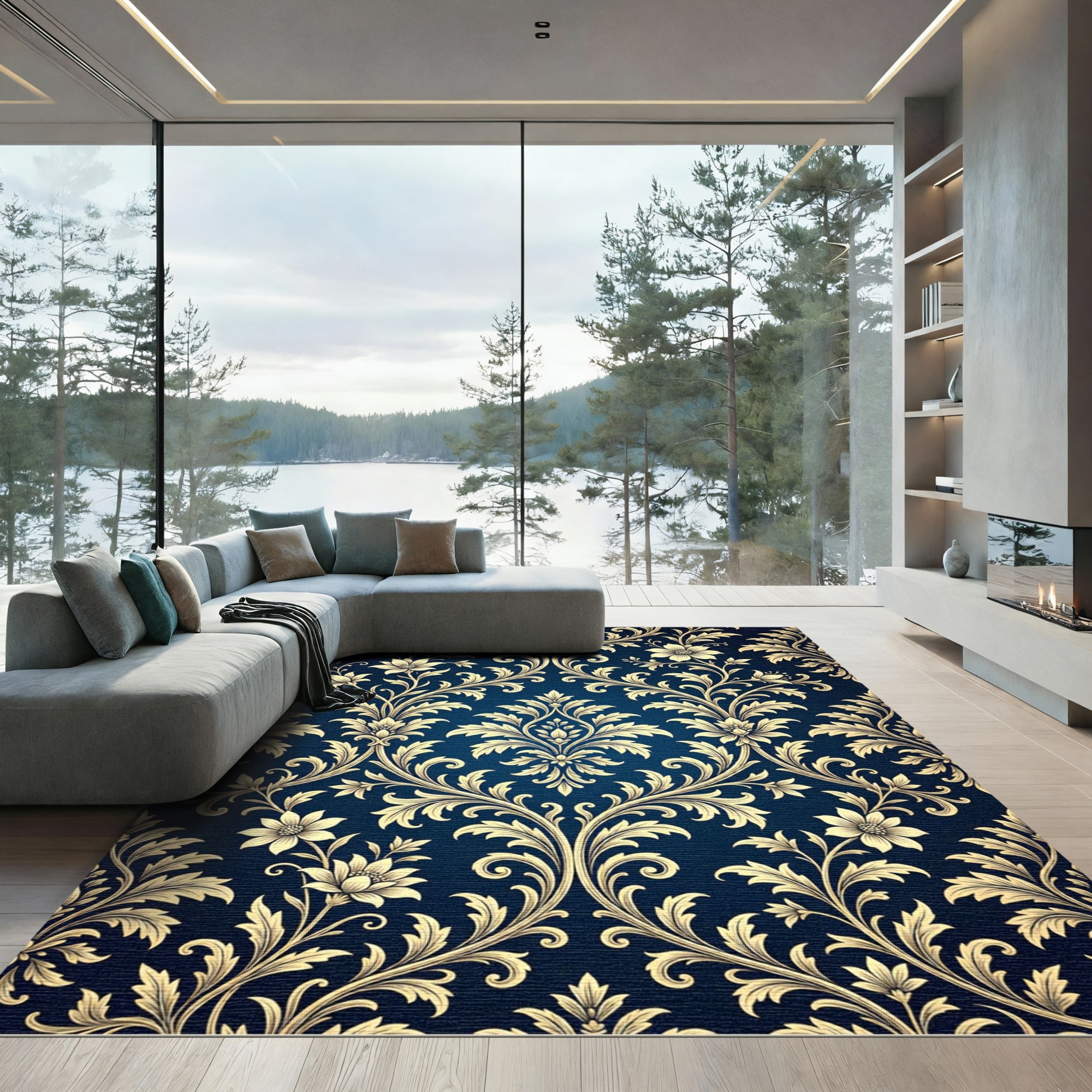Royal Blue Gold Damask Ornate Scroll Rug