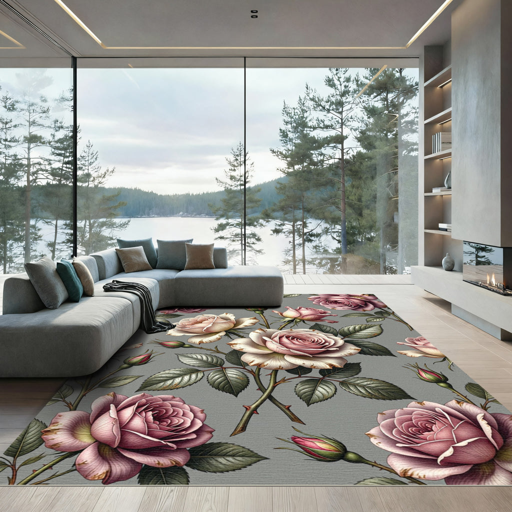 Dusty Rose Garden Floral Bloom Rug