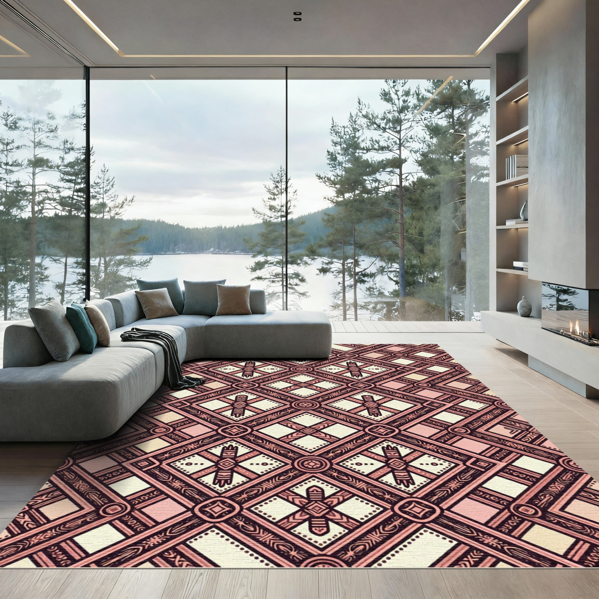 Blush Pink Geometric Diamond Lattice Rug