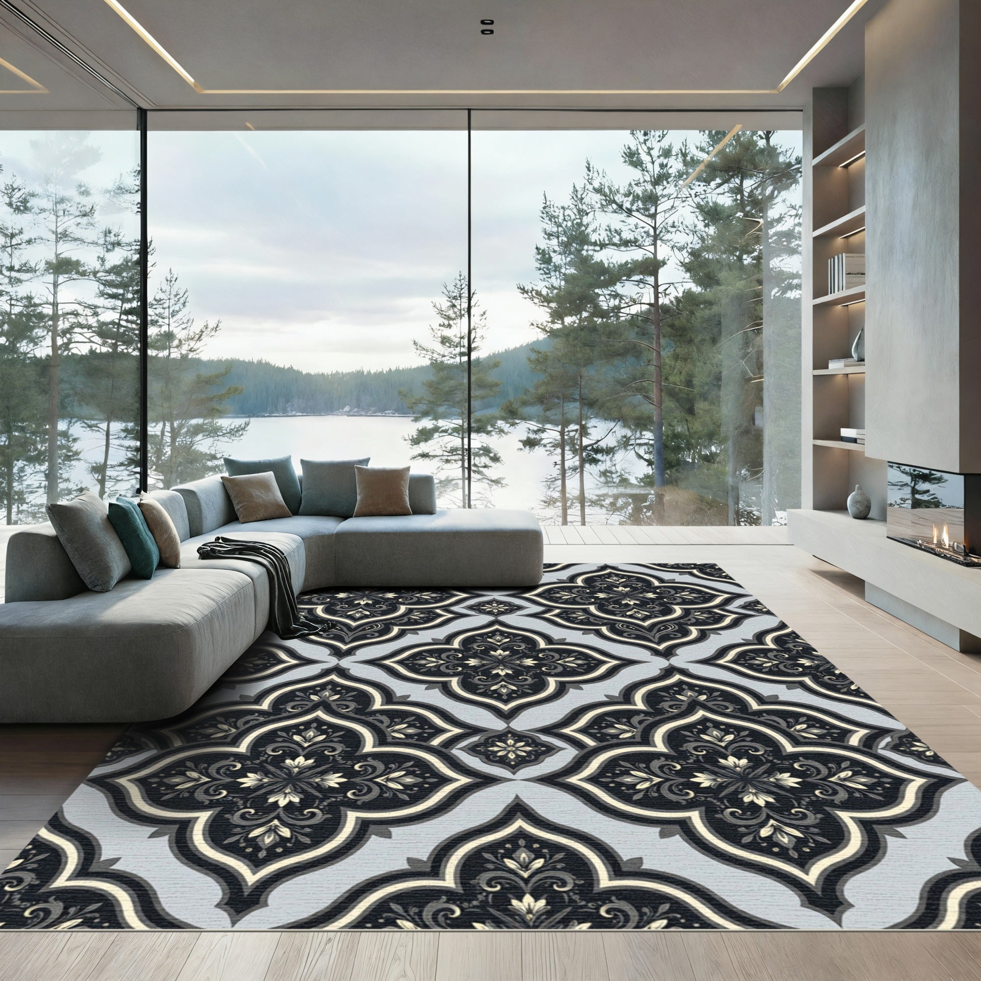 Elegant Dark Floral Quatrefoil Gray Rug
