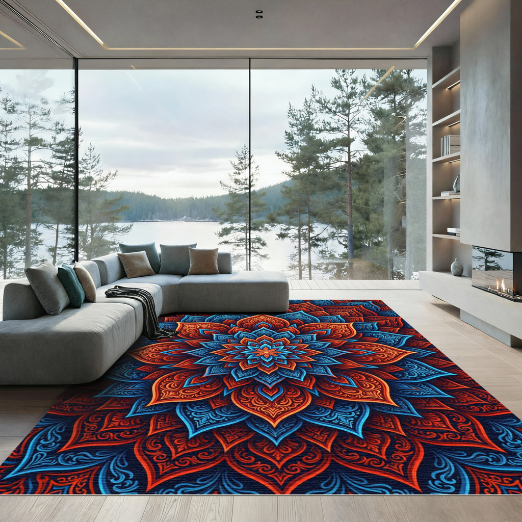 Vibrant Luminous Flame Indigo Mandala Rug