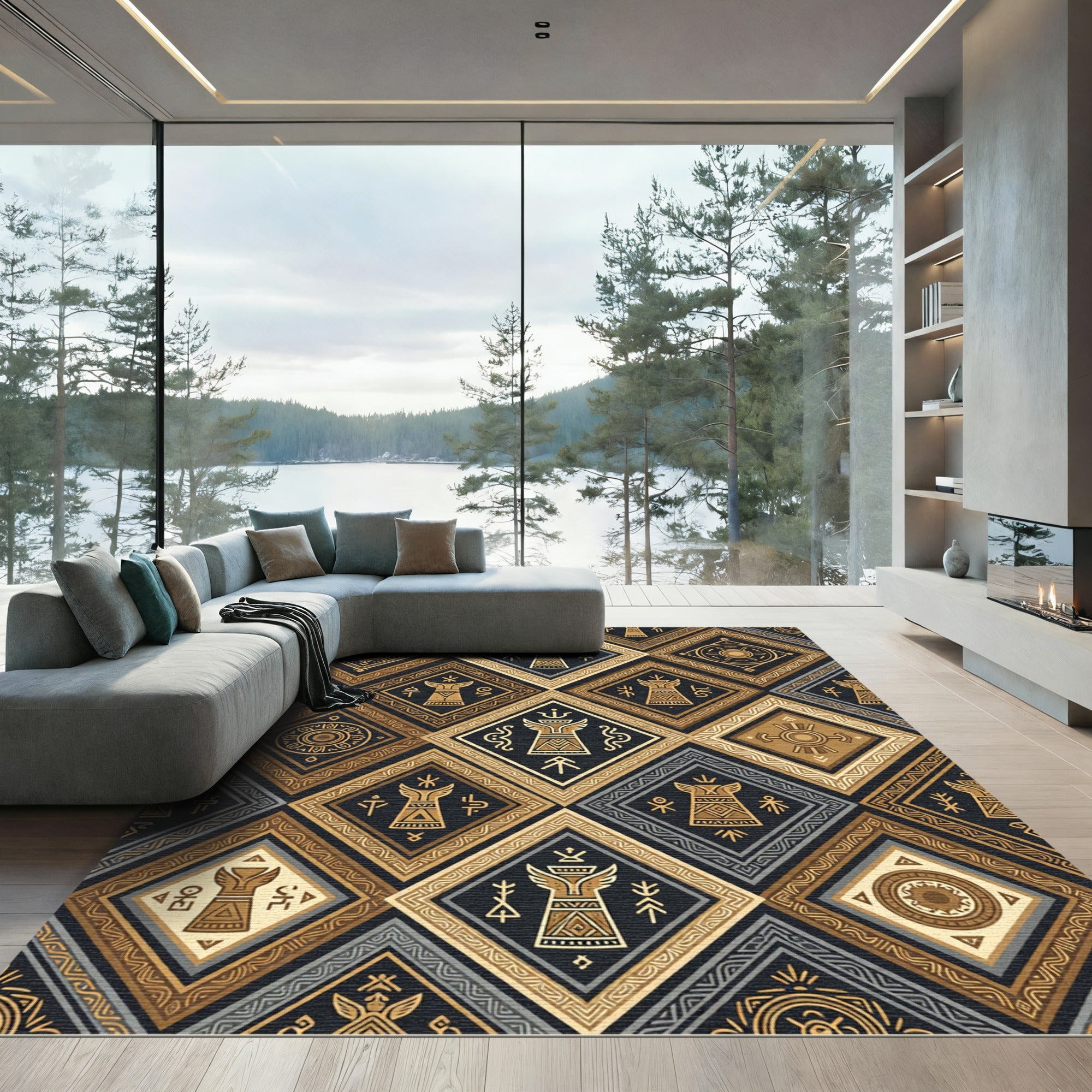 Golden Black Tribal Diamond Geometric Rug