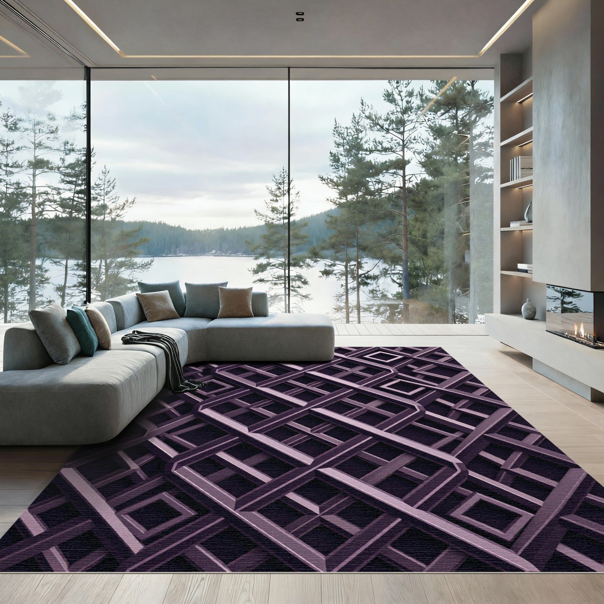 Plum Geometric Interlocked Lattice Rug