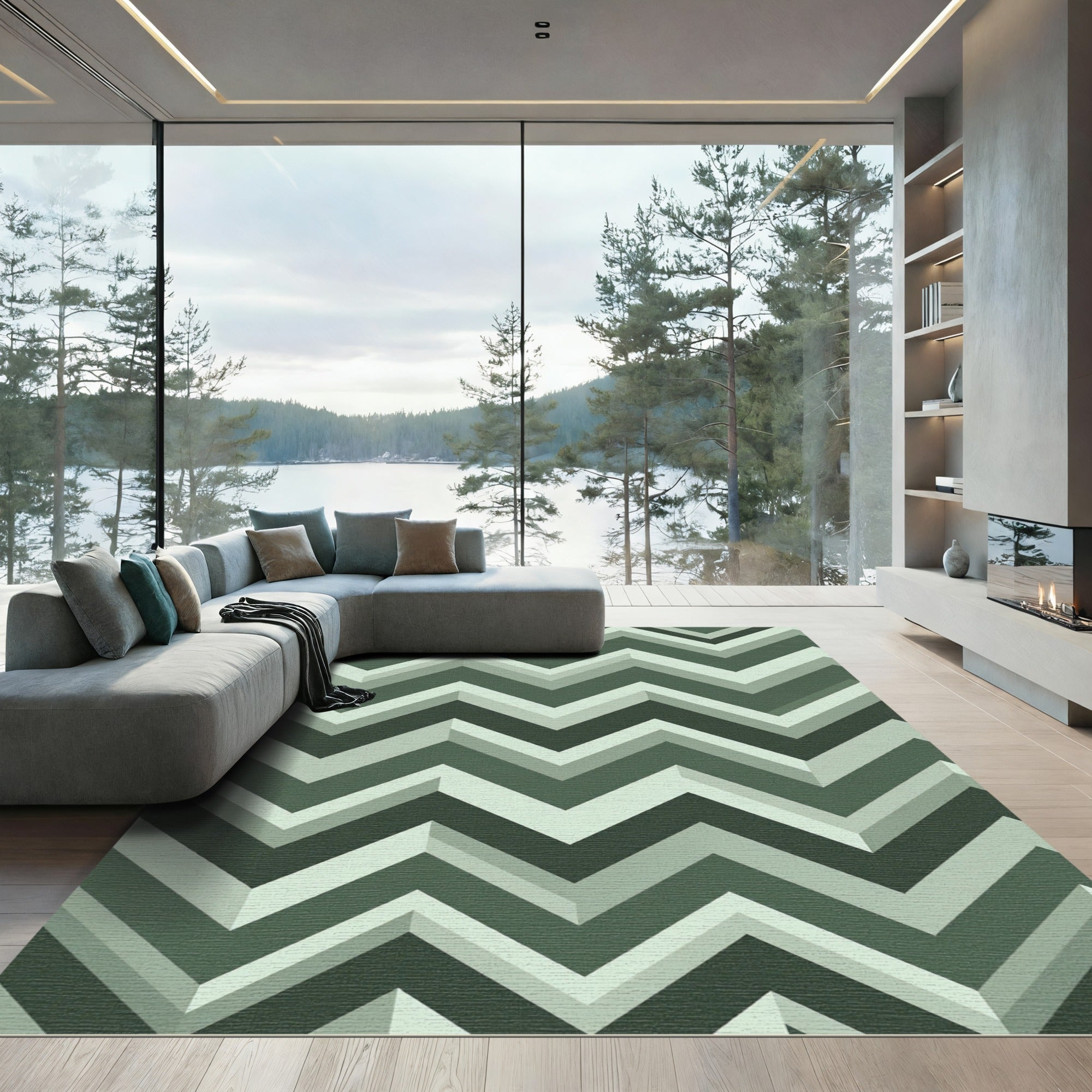 Modern Sage Chevron Zigzag Geometric Rug