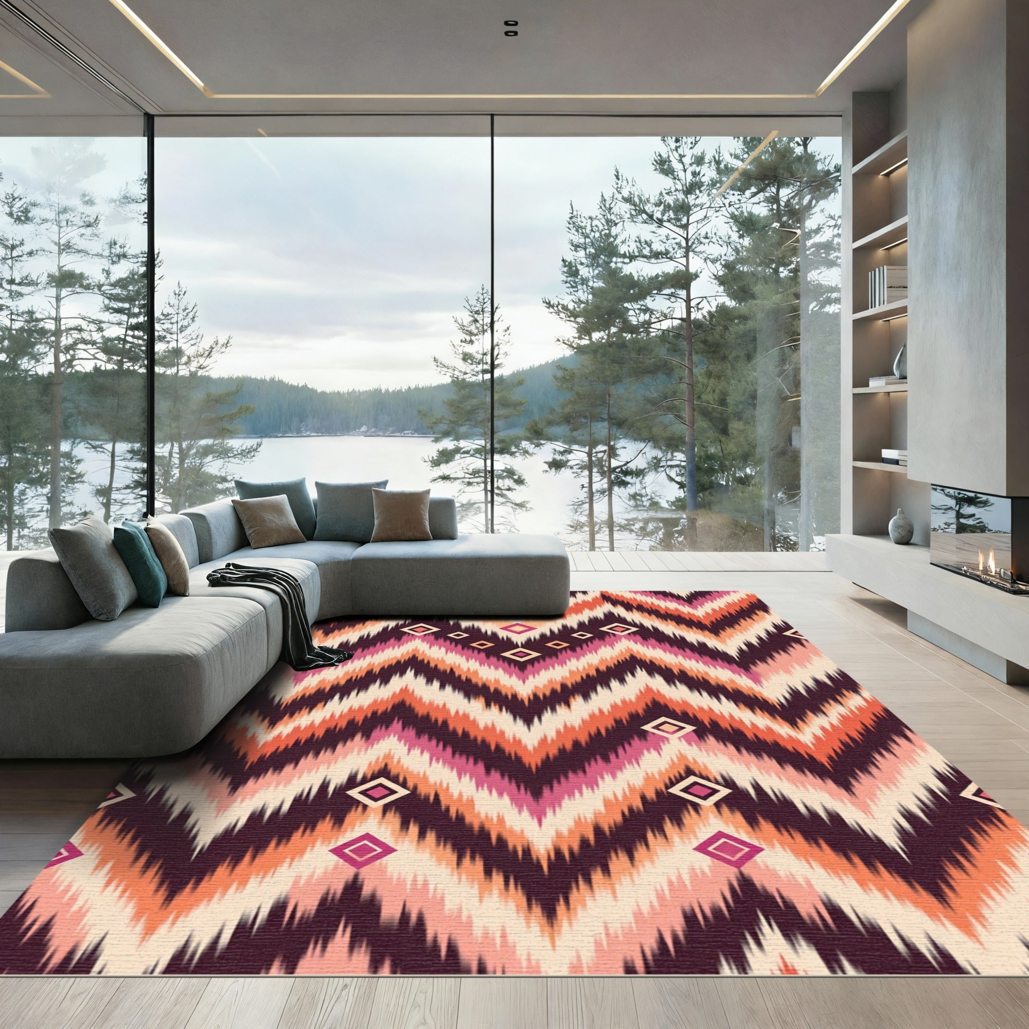 Aubergine Pink Orange Chevron Diamond Pattern Rug