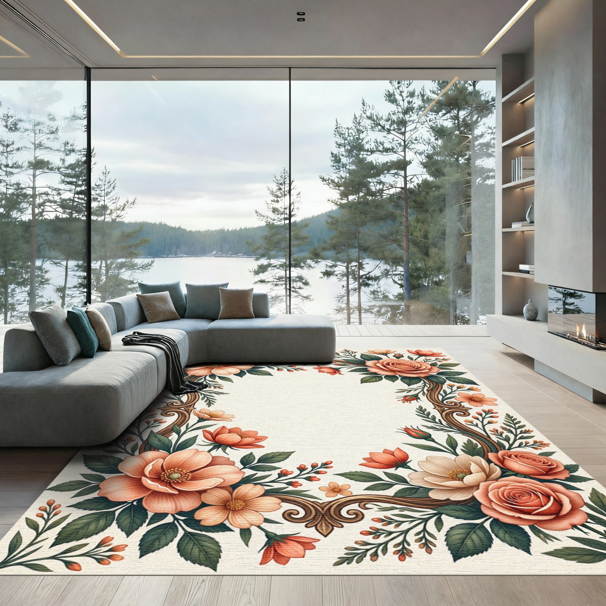Peach Coral Floral Scroll Border Rug