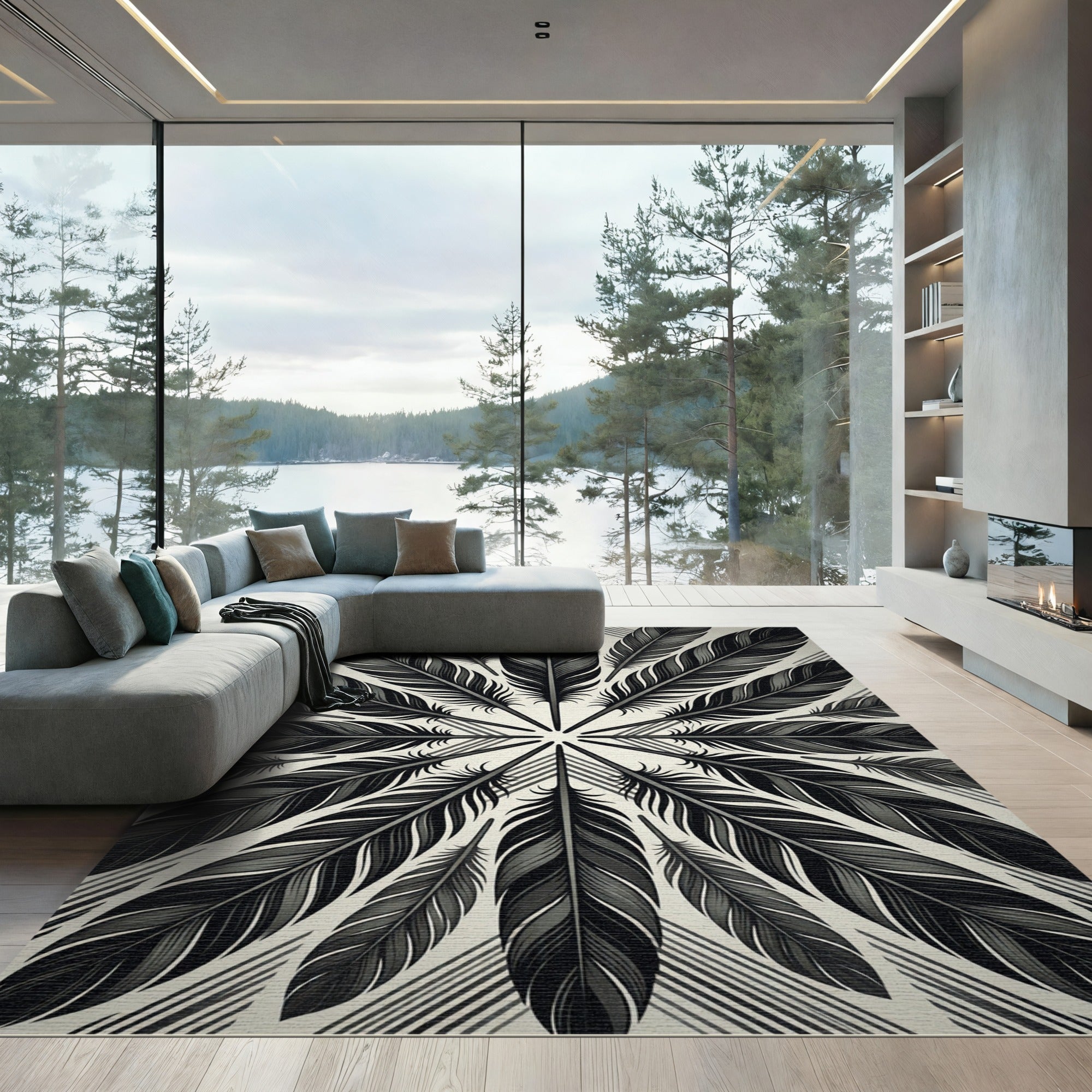 Monochrome Feather Radial Mandala Rug