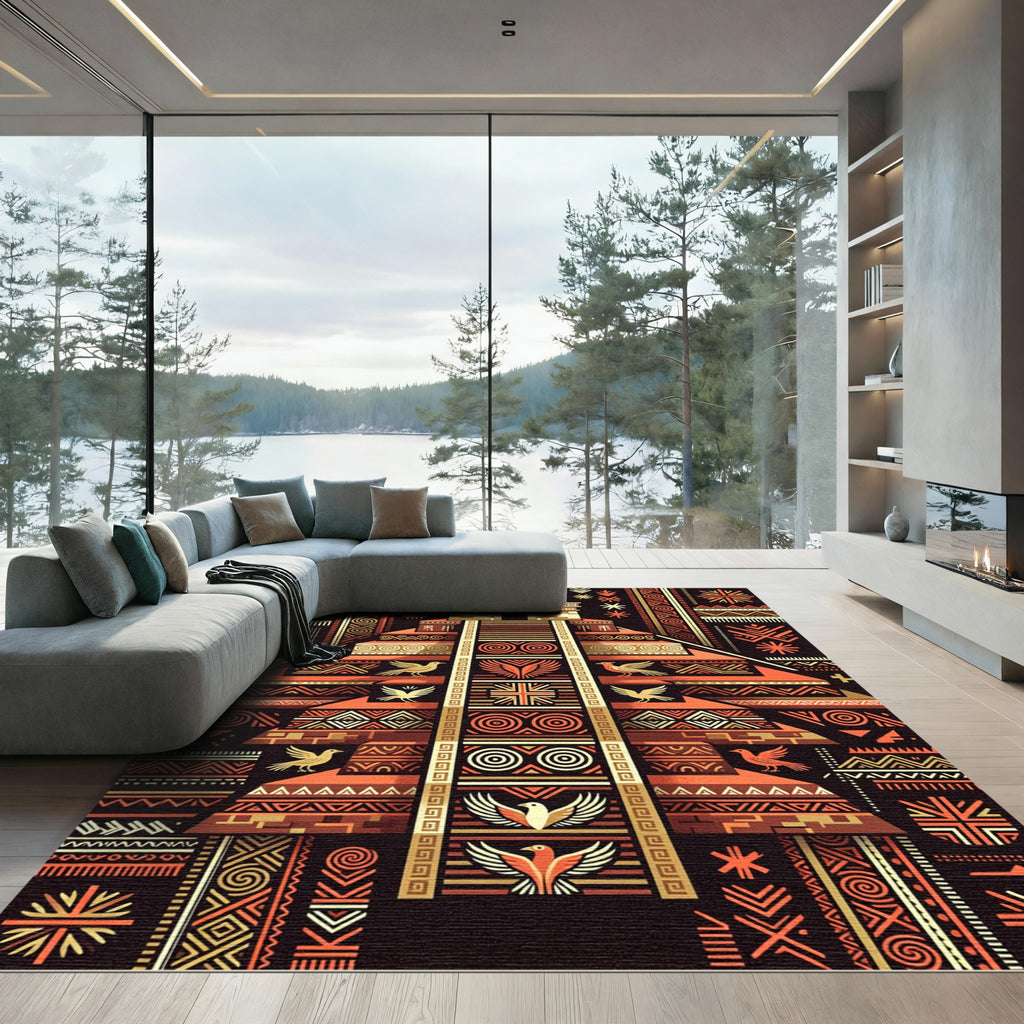 Geometric Aztec Temple Earthy Orange Area Rug