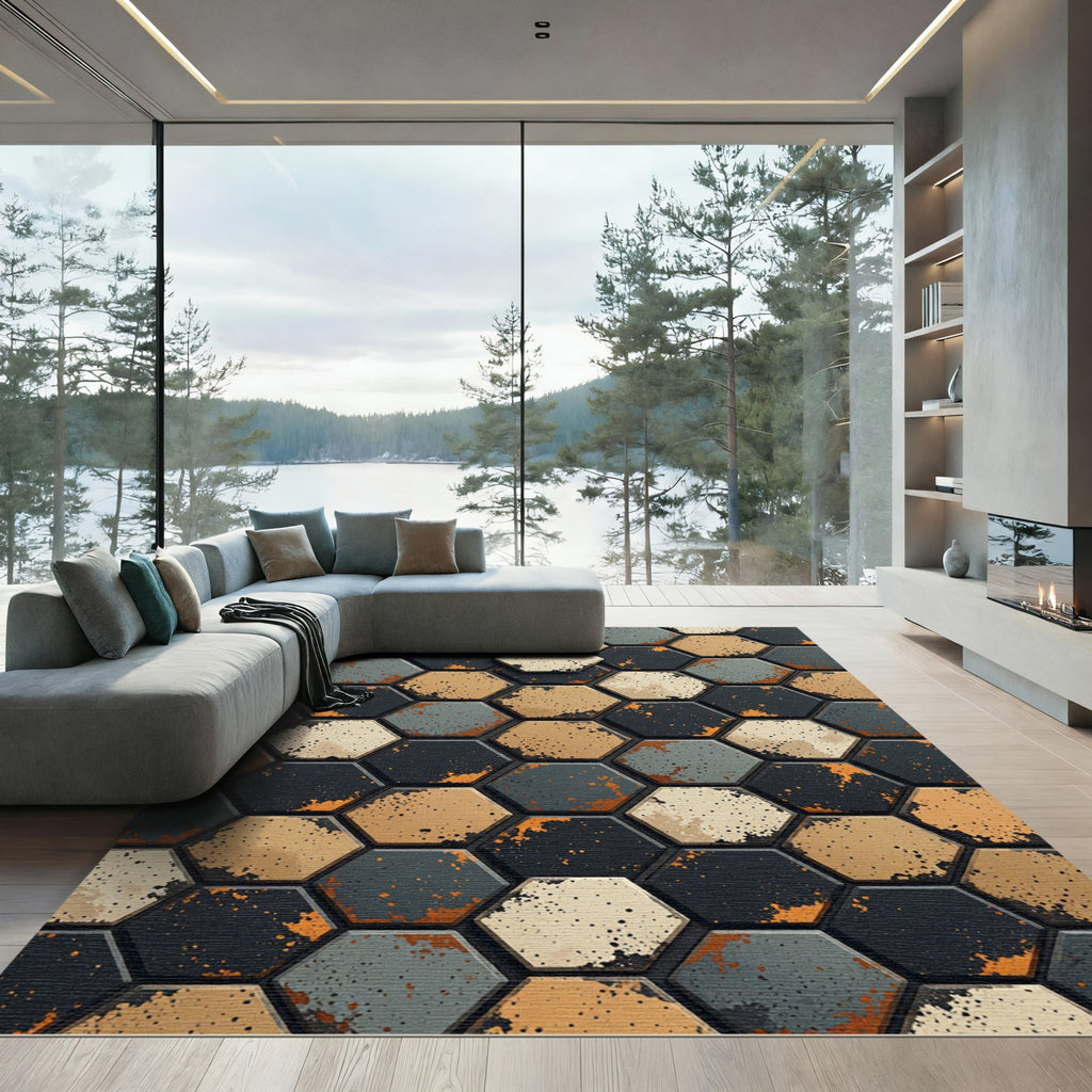 Distressed Hexagon Tiles And Ochre Texture Rug