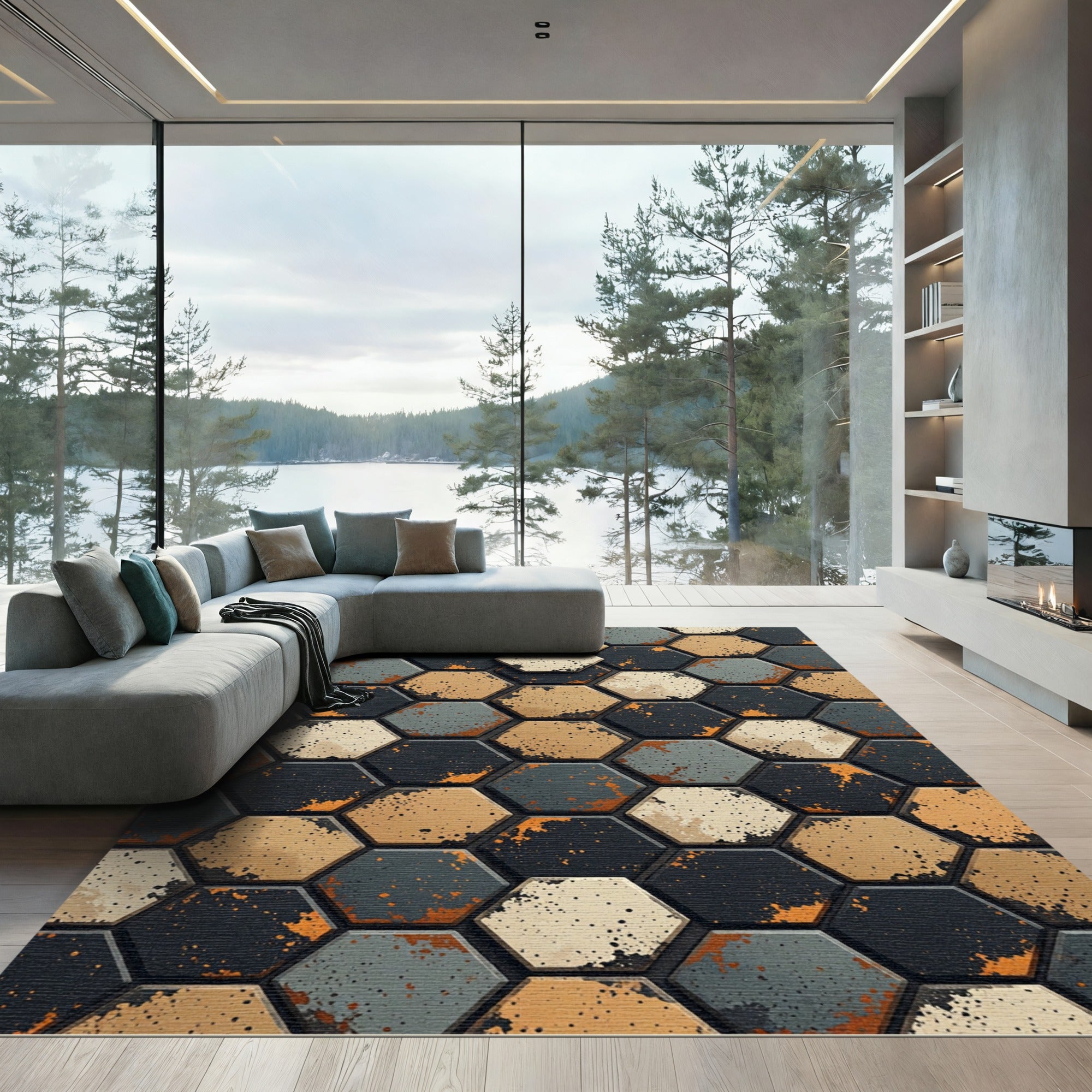 Distressed Hexagon Tiles And Ochre Texture Rug