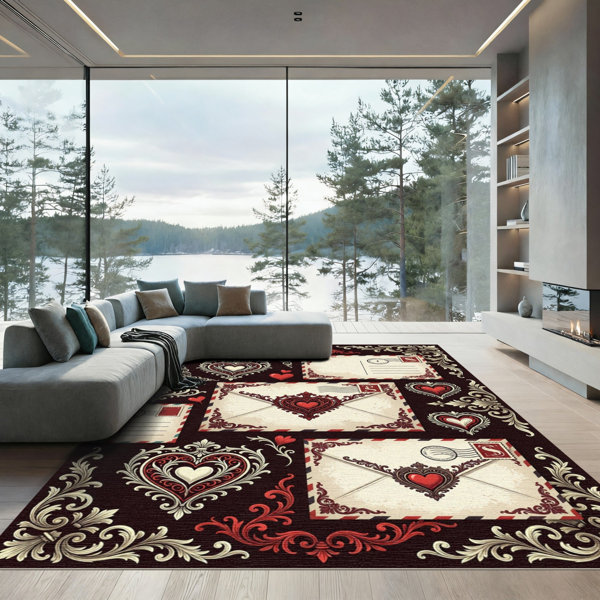 Antique Red Floral Heart Ornate Border Rug