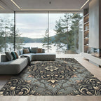 Elegant Gray Damask Scroll Floral Medallion Rug