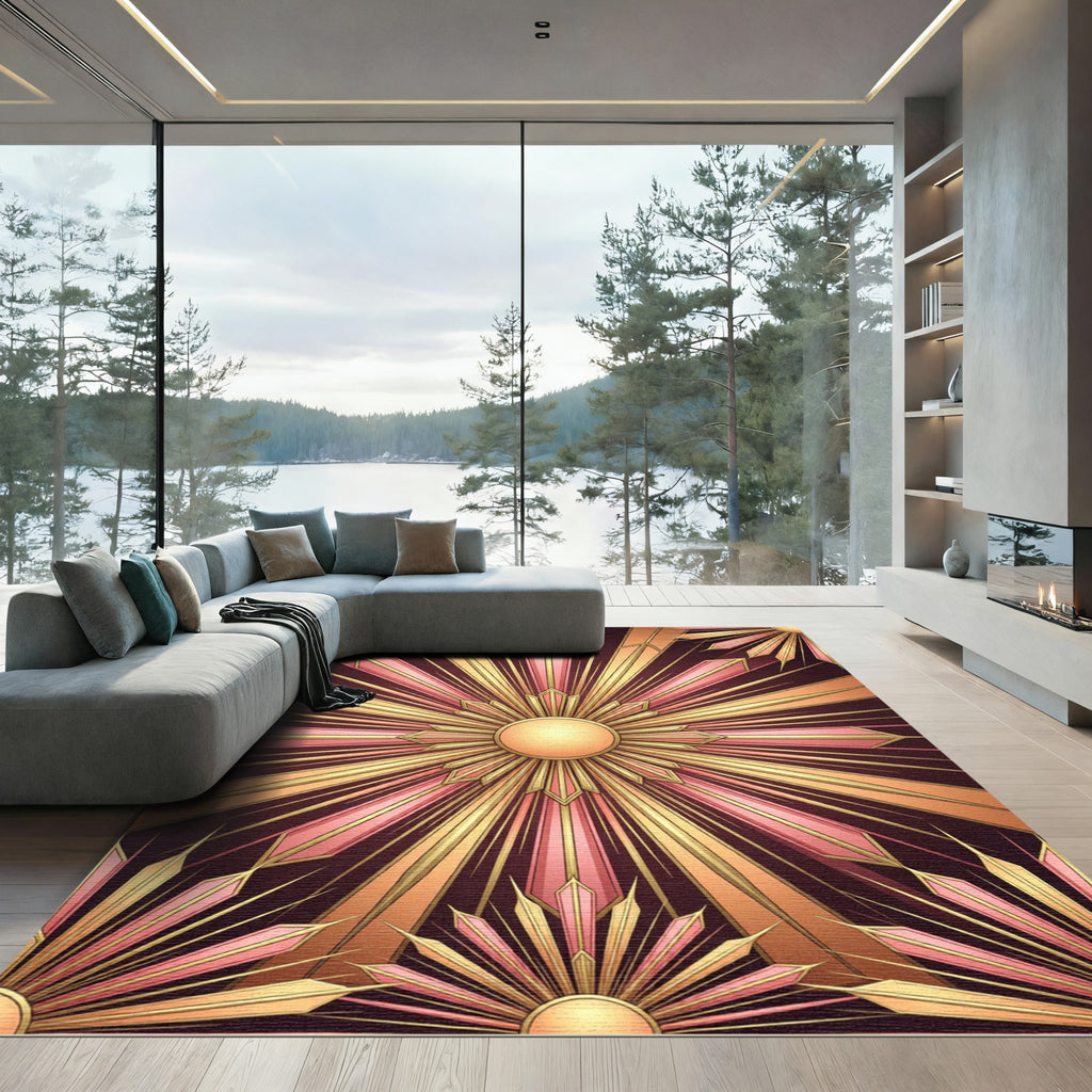 Art Deco Gold Pink Radiant Sunburst Rug