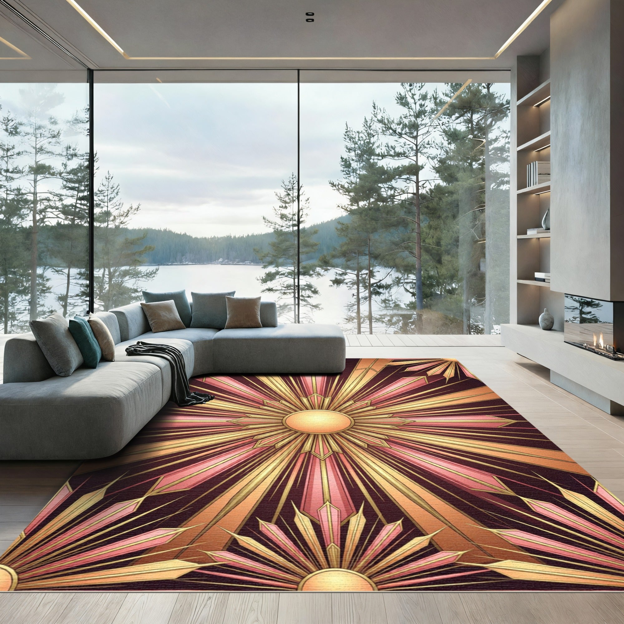 Art Deco Gold Pink Radiant Sunburst Rug