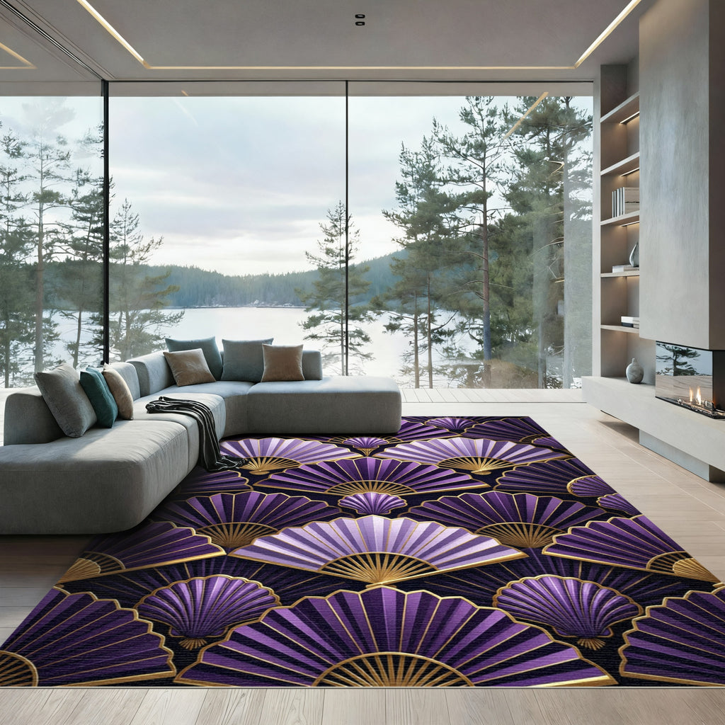 Art Deco Purple Gold Fan Arrangement Rug