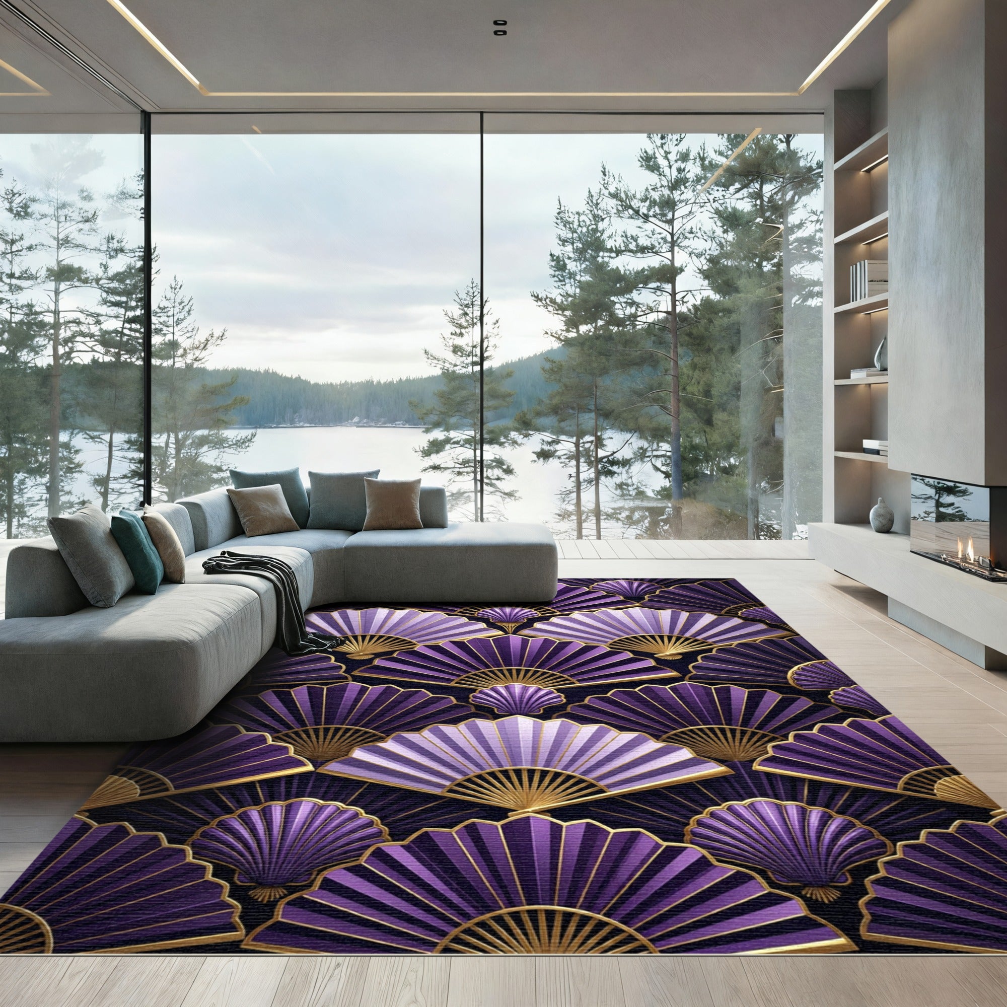Art Deco Purple Gold Fan Arrangement Rug