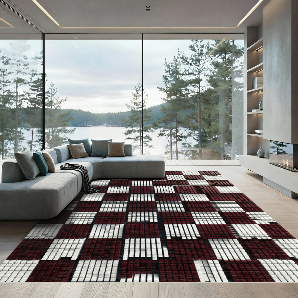 Modern Deep Red White Grid Cube Rug