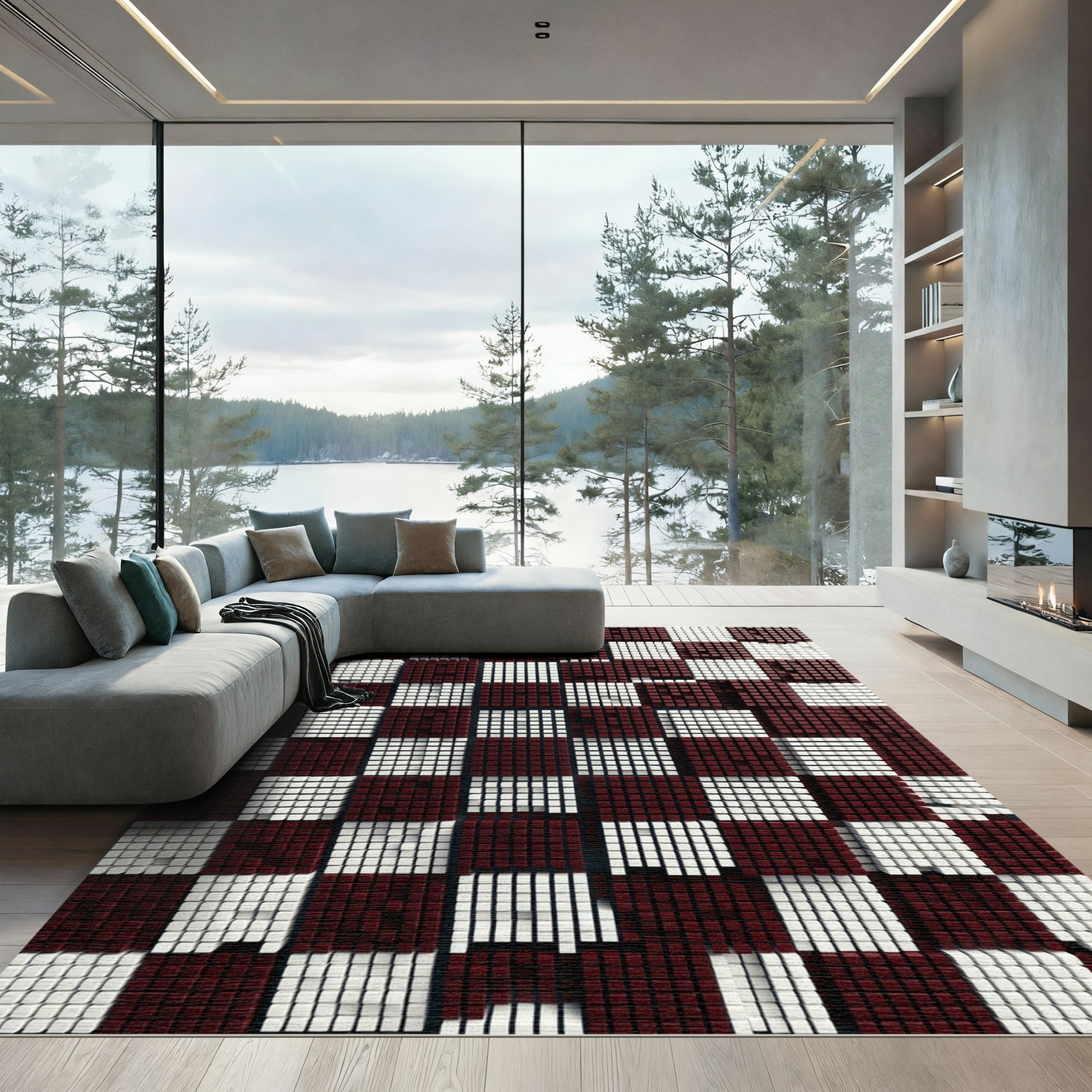 Modern Deep Red White Grid Cube Rug